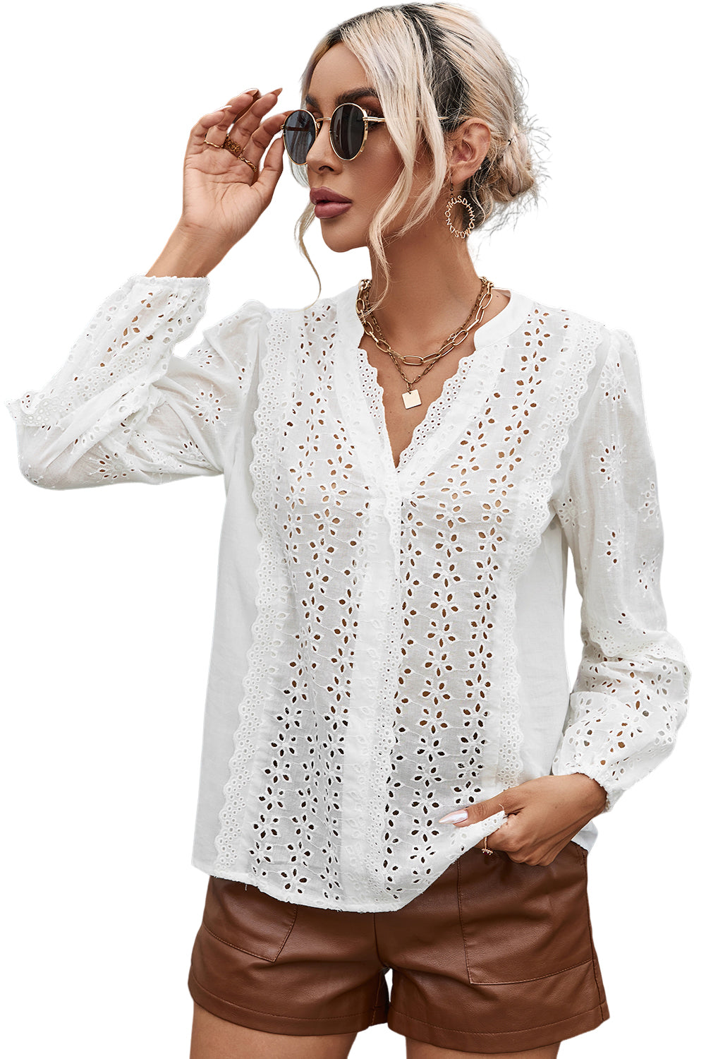 White Eyelet Lace Puff Sleeve Split Neck Blouse