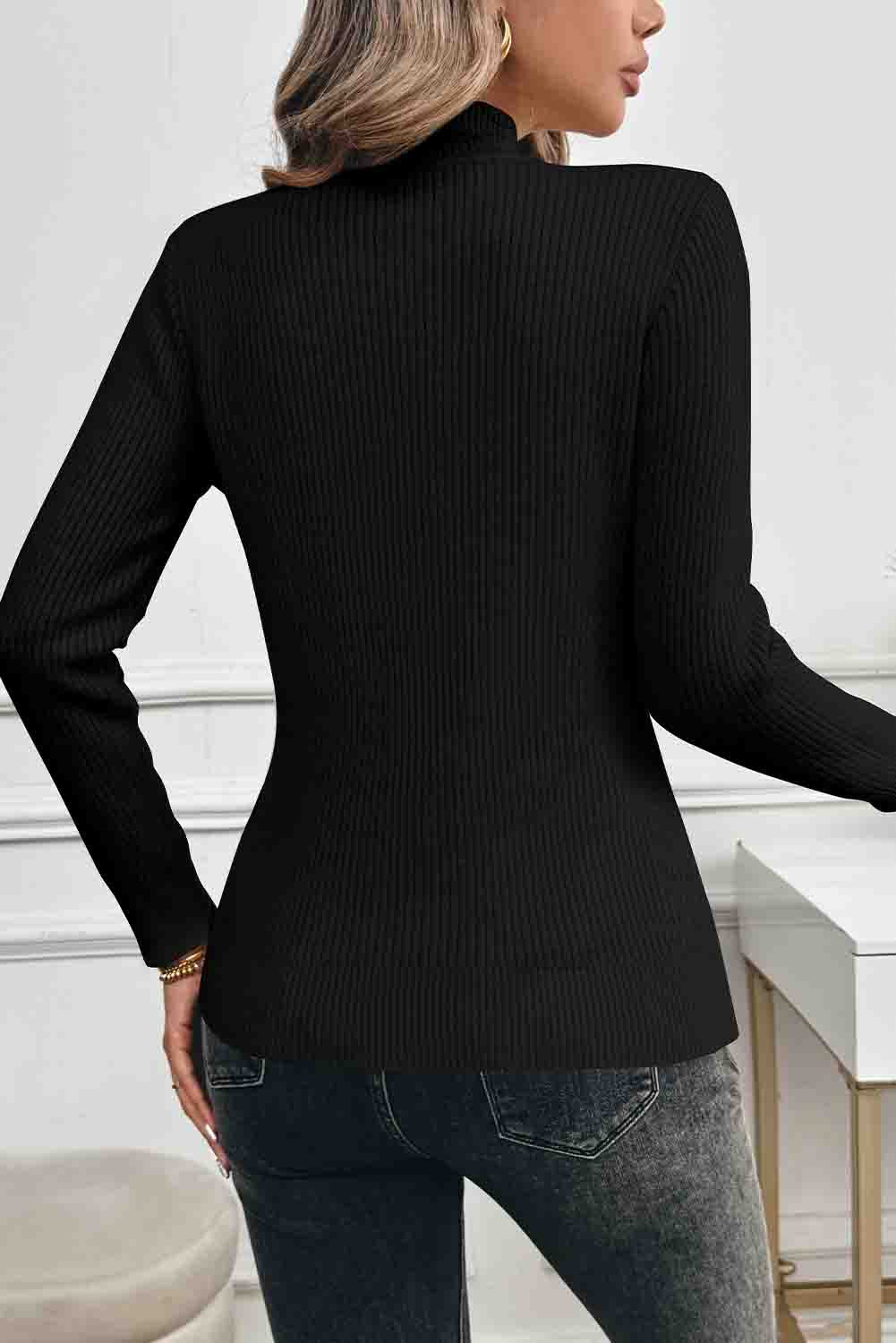 Black Solid Color Fleece Lined High Neck Slim Fit Sweater