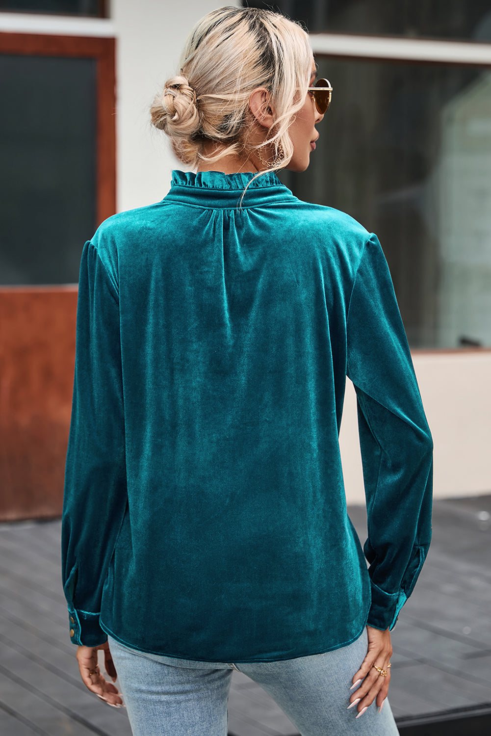 Blackish Green Frilled Neck Buttoned Front Velvet Top