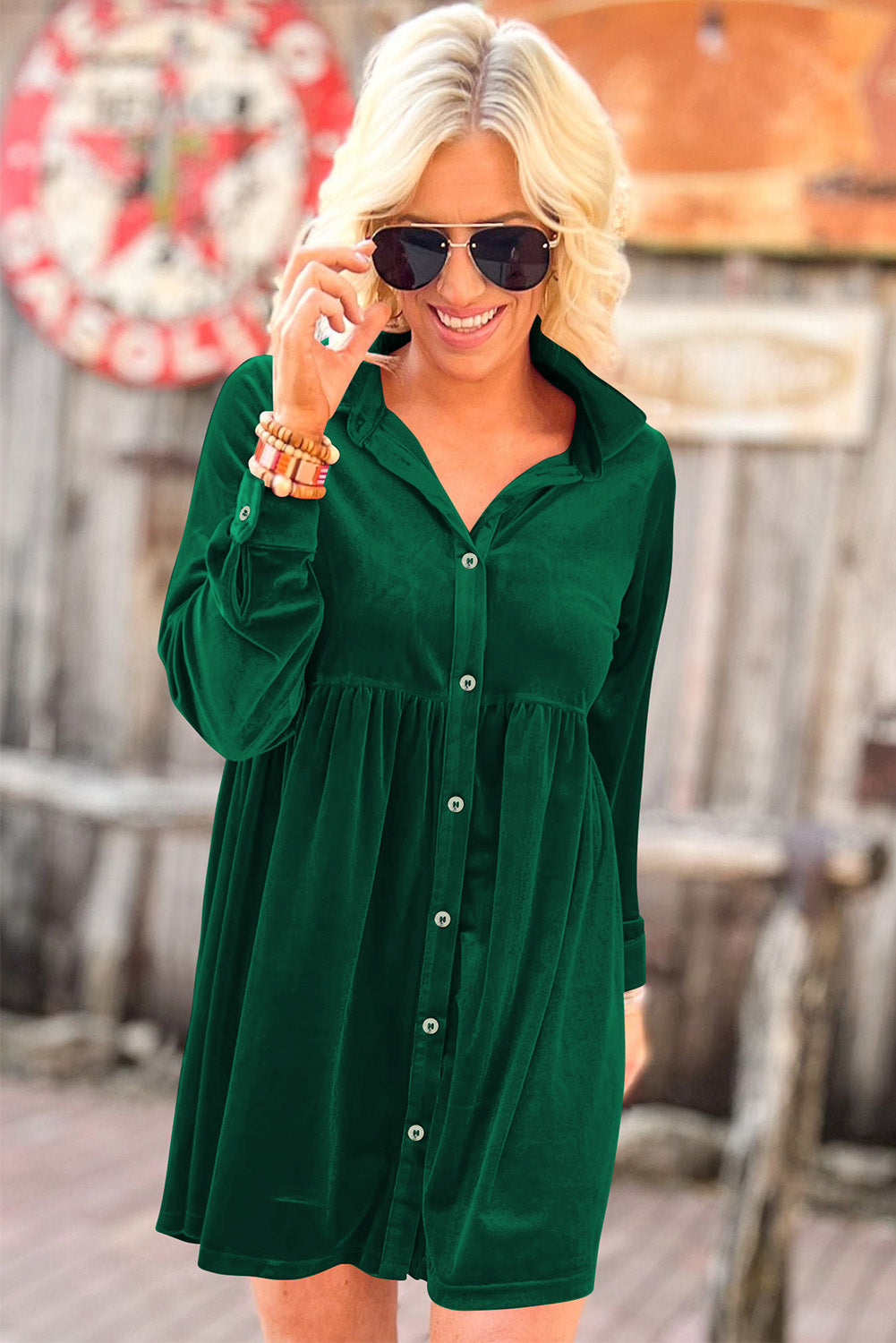 Black Long Sleeve Ruffle Velvet Button Up Dress