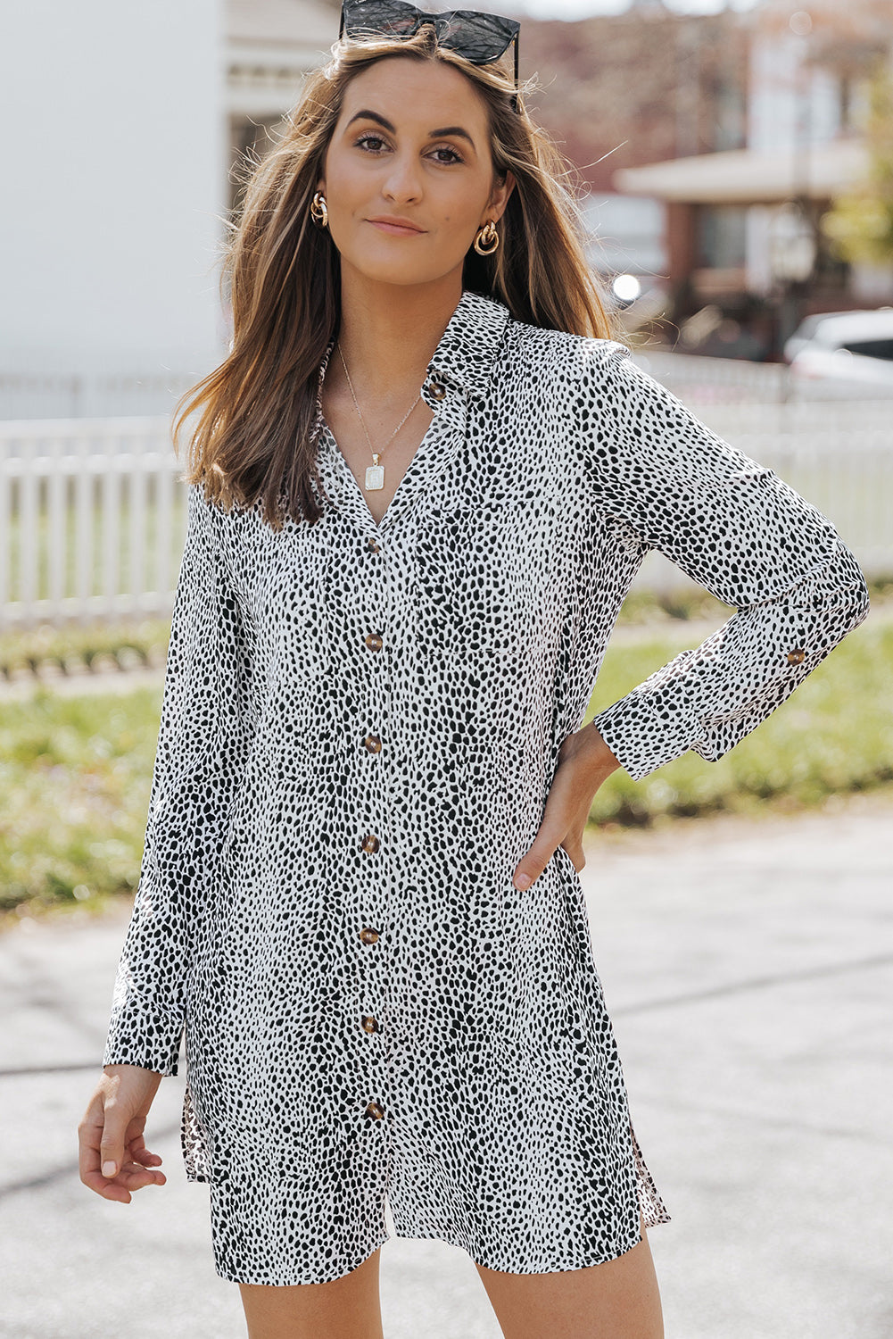 Long Sleeve Leopard Animal Print Shirt Dress