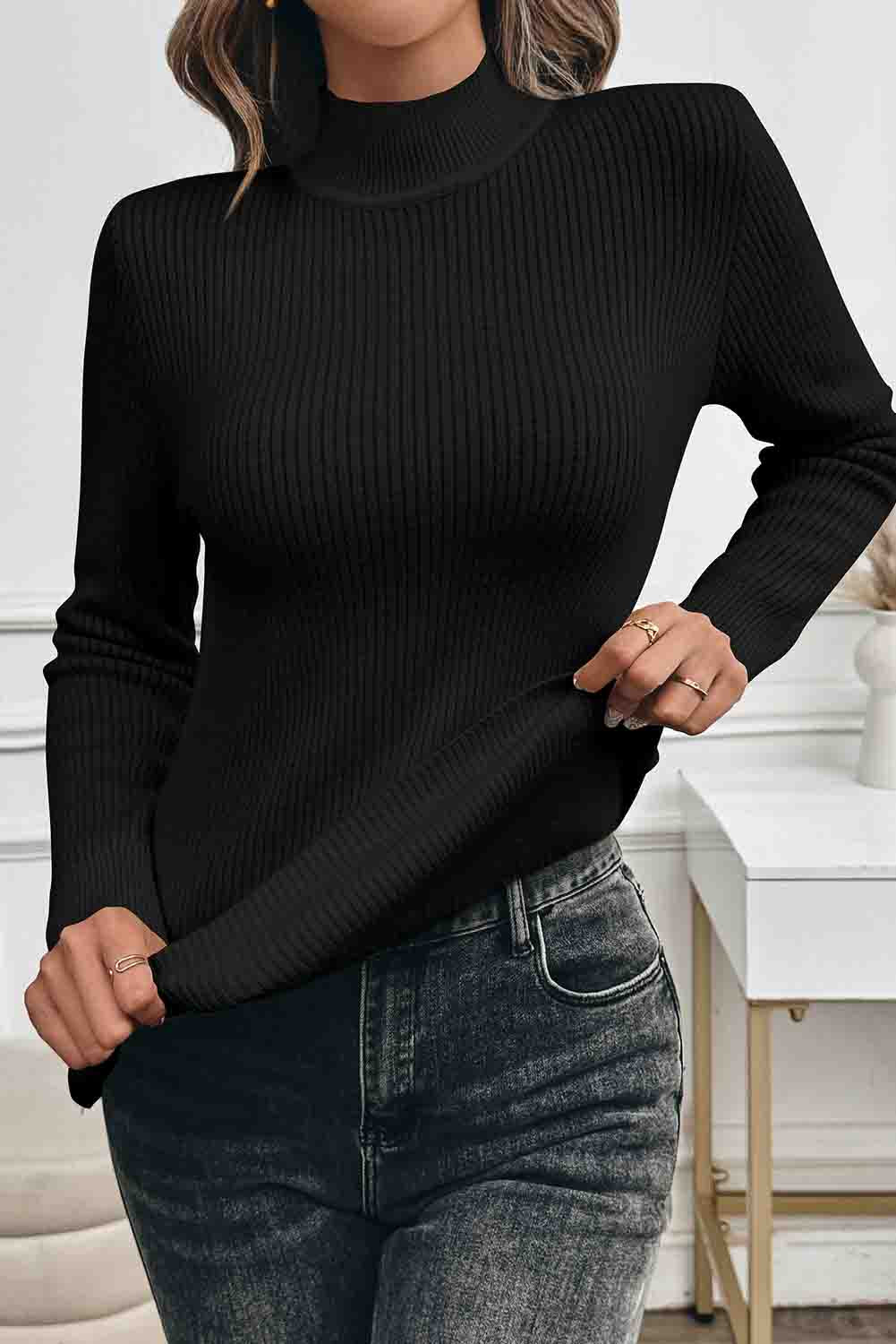 Black Solid Color Fleece Lined High Neck Slim Fit Sweater