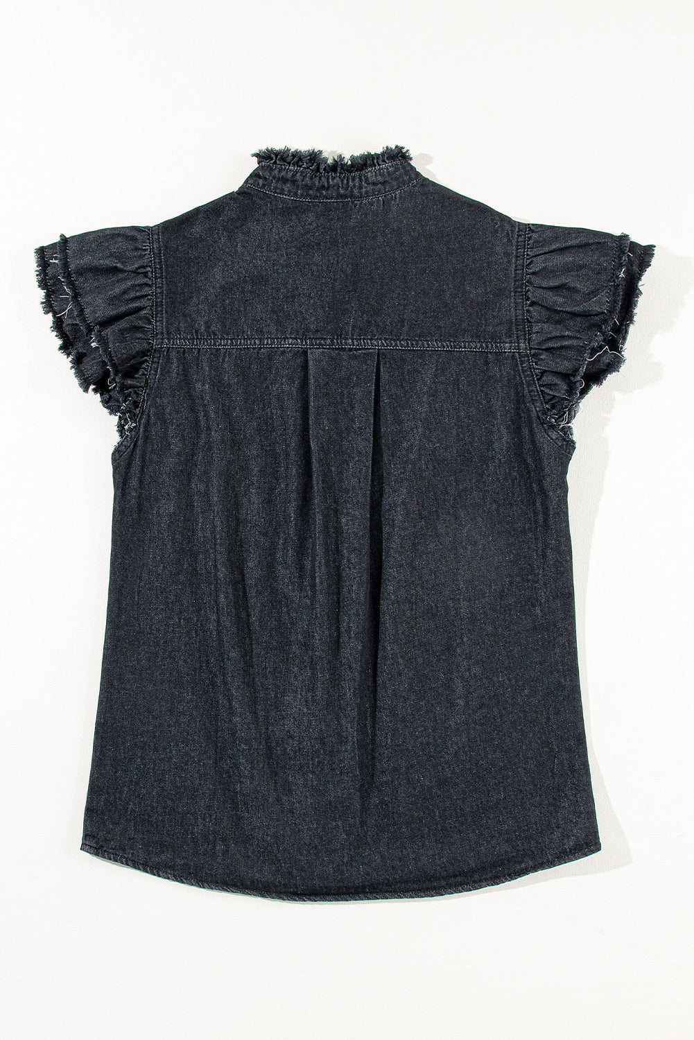 Ashleigh Blue Button Front Ruffled Flutter Frayed Denim Top