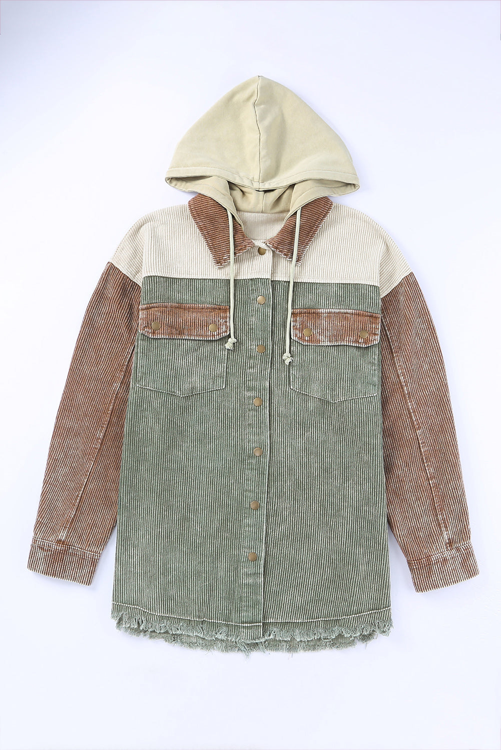 Khaki Patchwork Hooded Corduroy Shacket