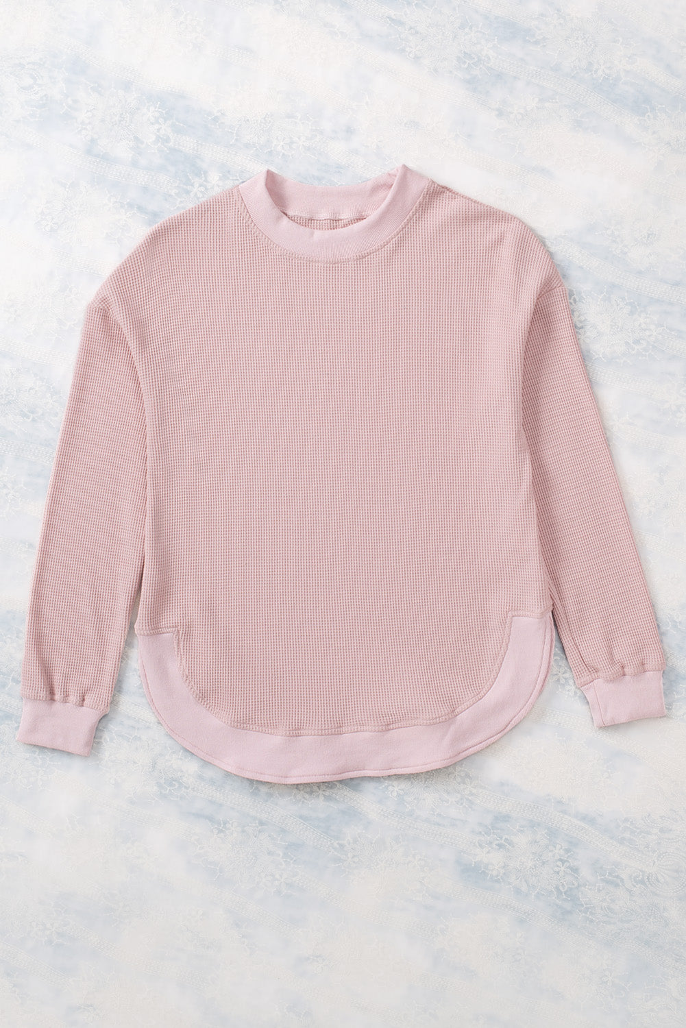 Gray Crew Neck Ribbed Trim Waffle Knit Top