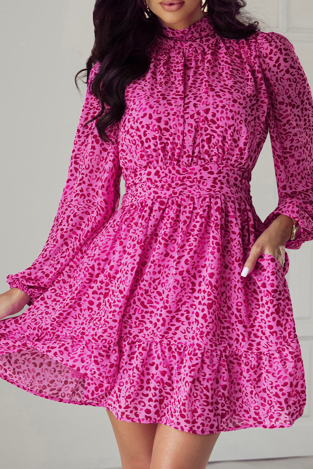 Rose Leopard Puff Sleeve Knotted High Neck Ruffle Dress