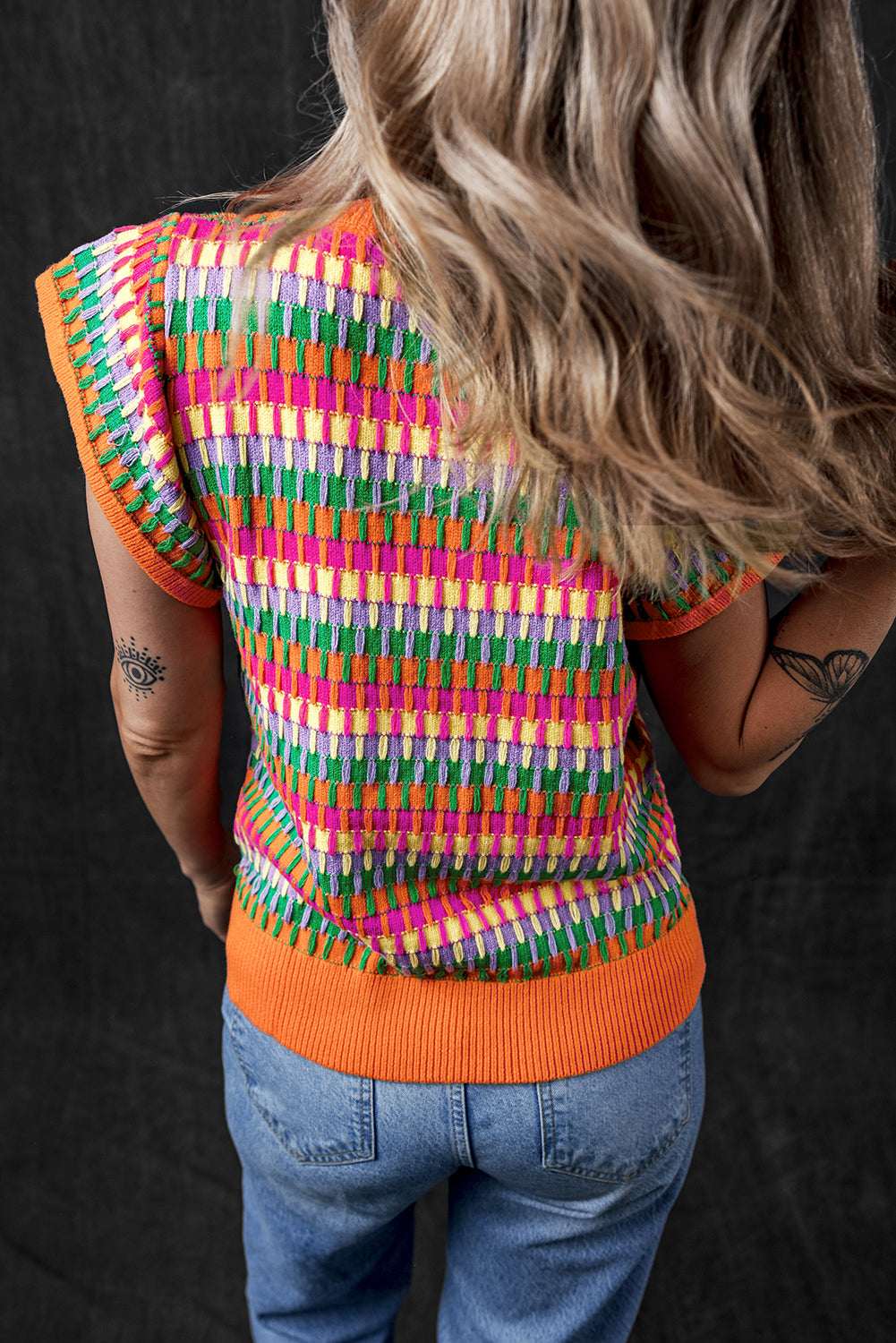 Green Multicolor Flutter Sleeve Knitted Sweater Top