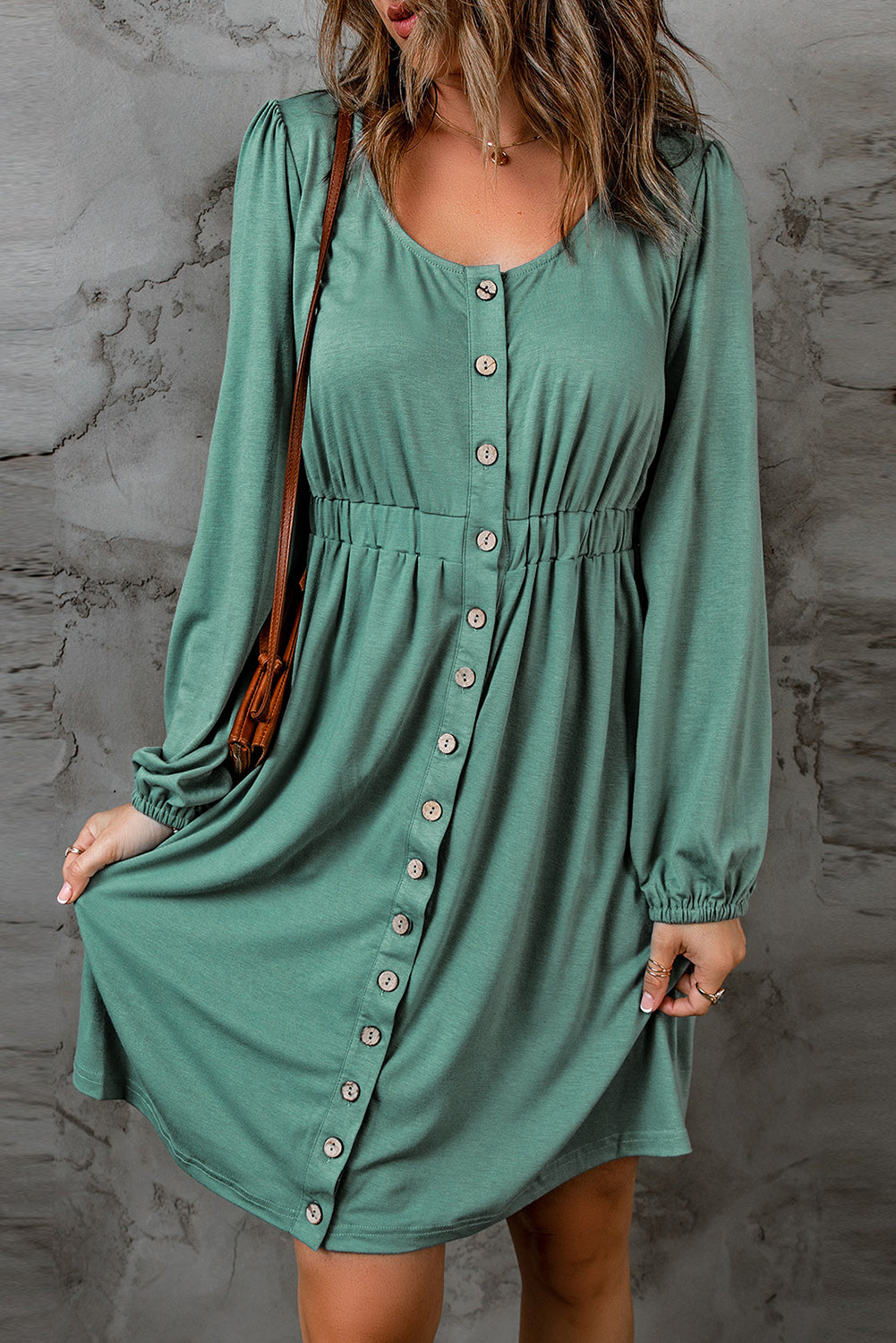 Button Up High Waist Long Sleeve Dress