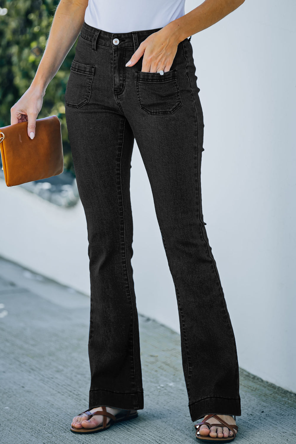 Black Vintage Casual Pocket Flared Jeans