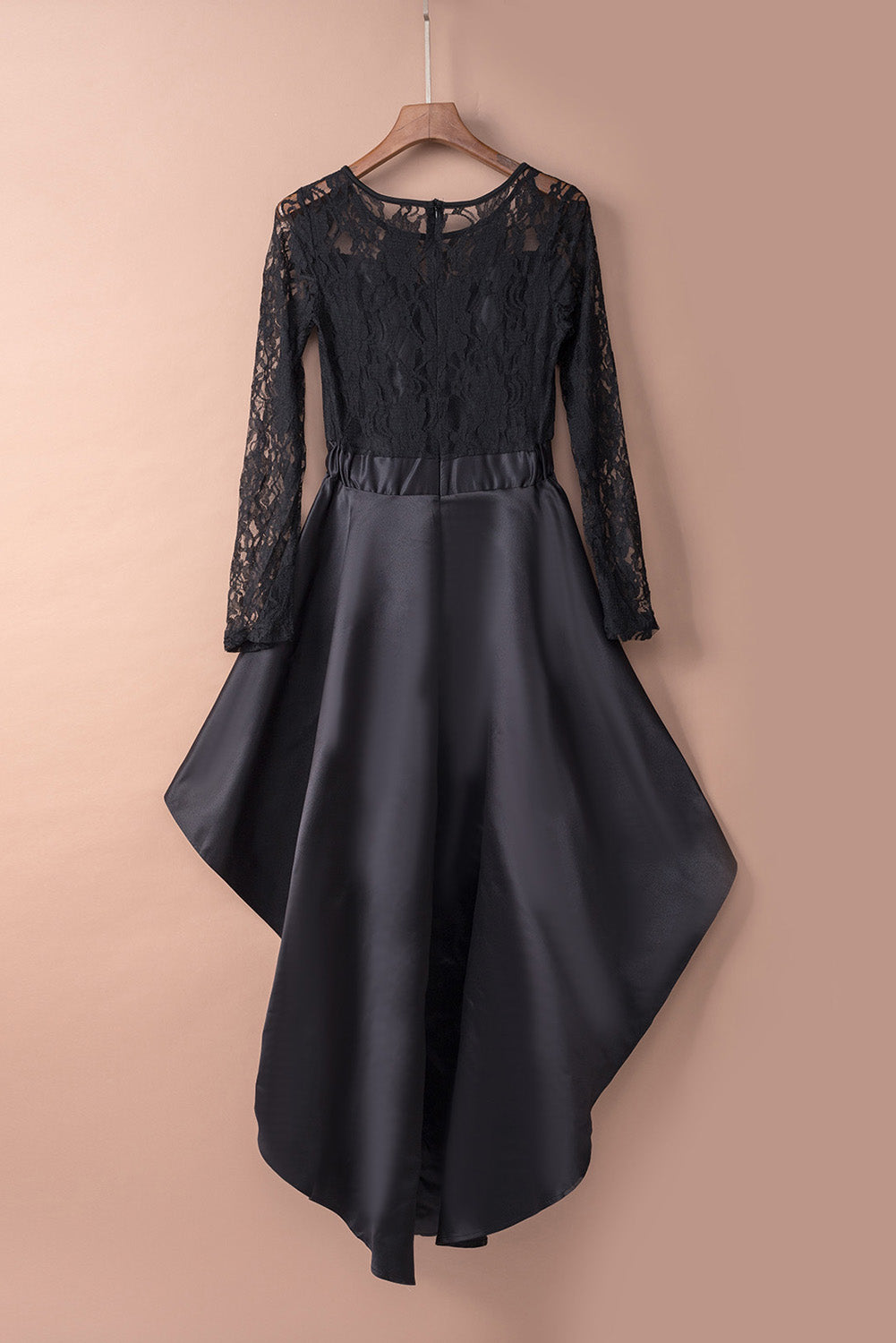 Black Long Sleeve Lace High Low Satin Dress