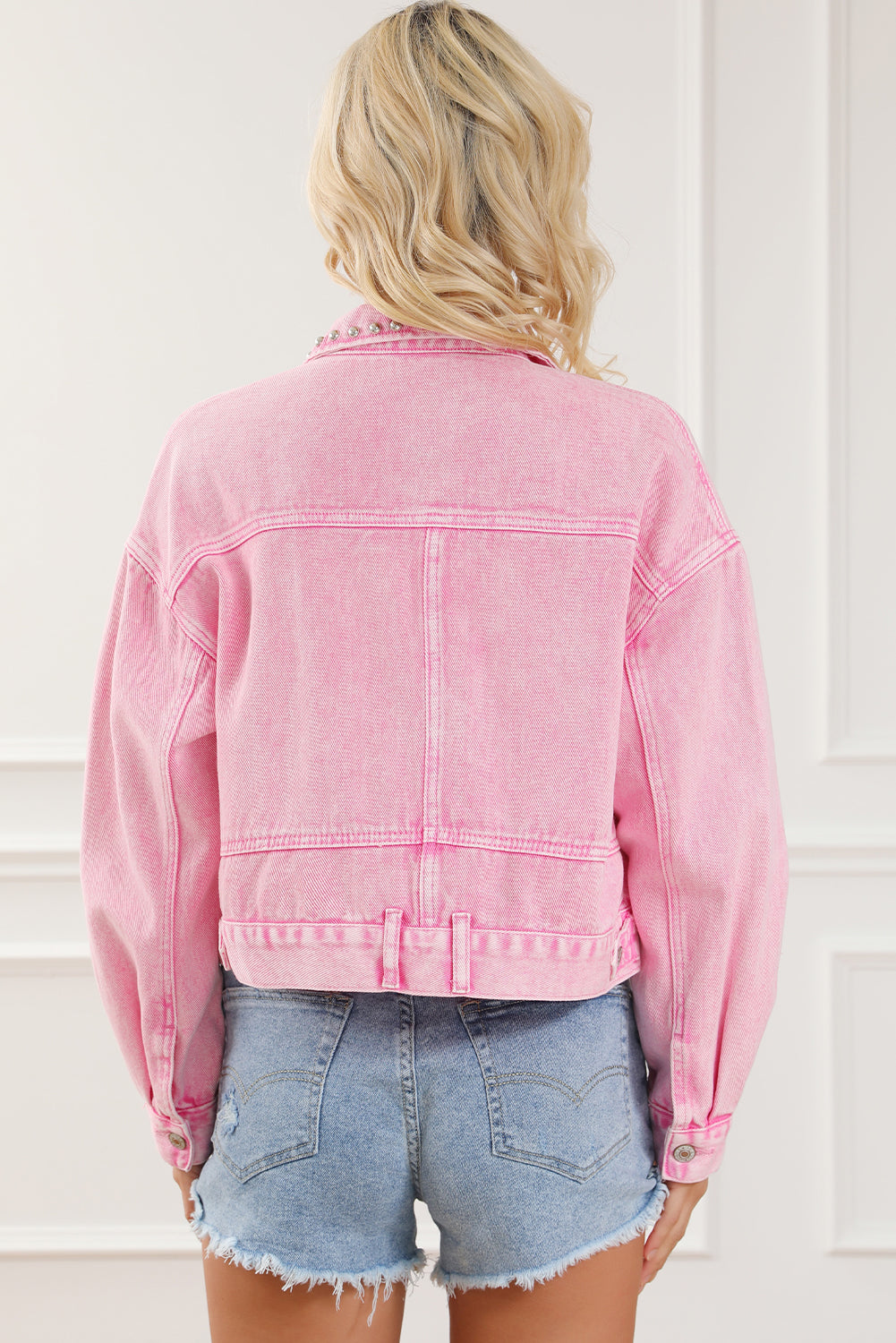 Light French Beige Rivet Studded Pocketed Denim Jacket