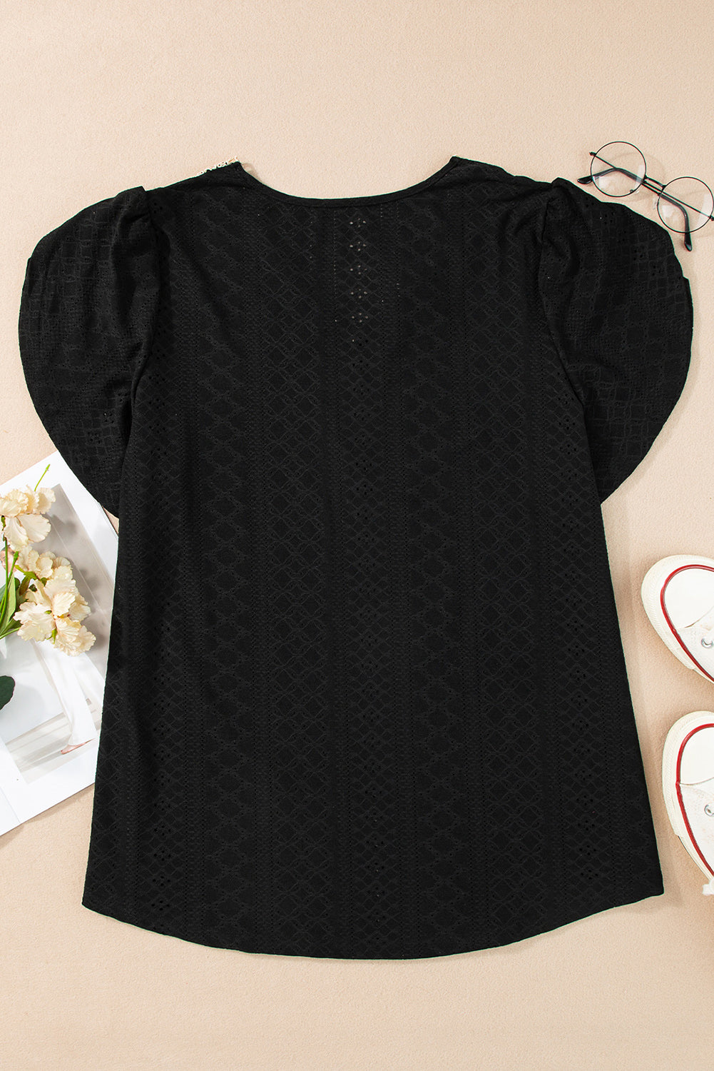 Black Guipure V Neck Plus Size Eyelet Embroidered Top