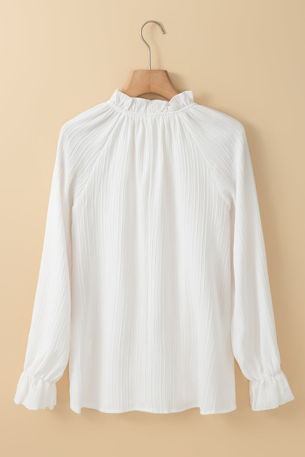 White Frilled Mock Neck Ripple Bubble Sleeve Blouse