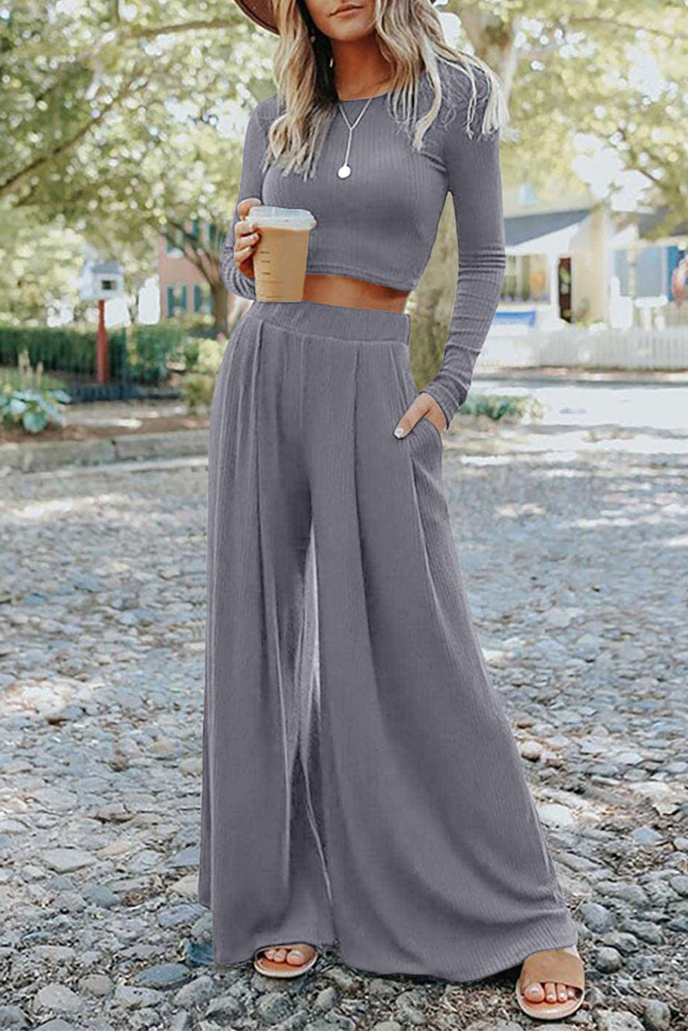 Solid Color Ribbed Crop Top Long Pants Set