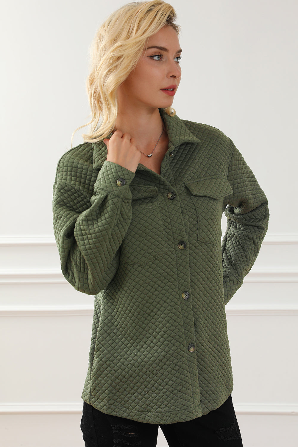 Green Retro Quilted Flap Pocket Button Shacket