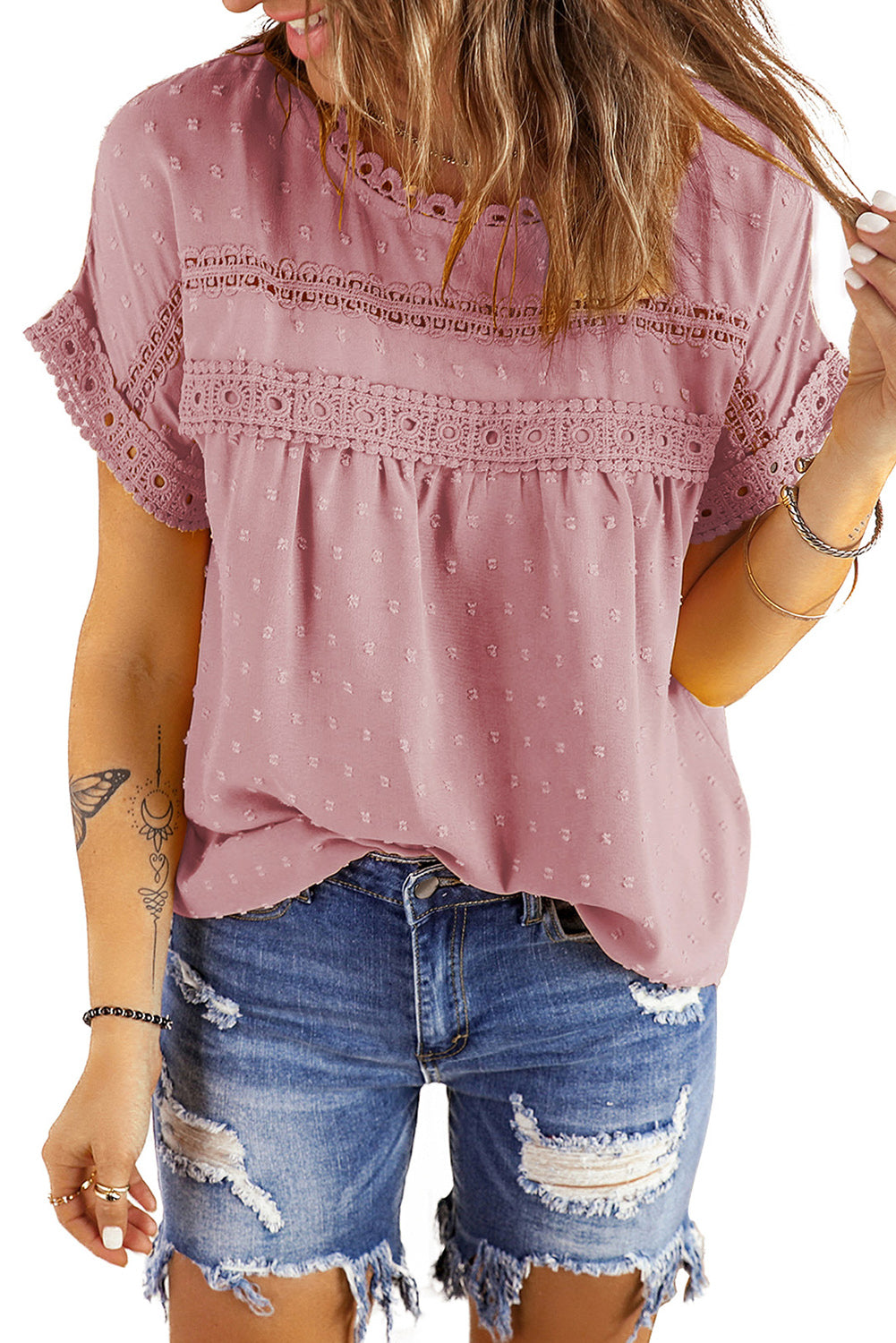 White Swiss Dot Lace Splicing Short Sleeve Top