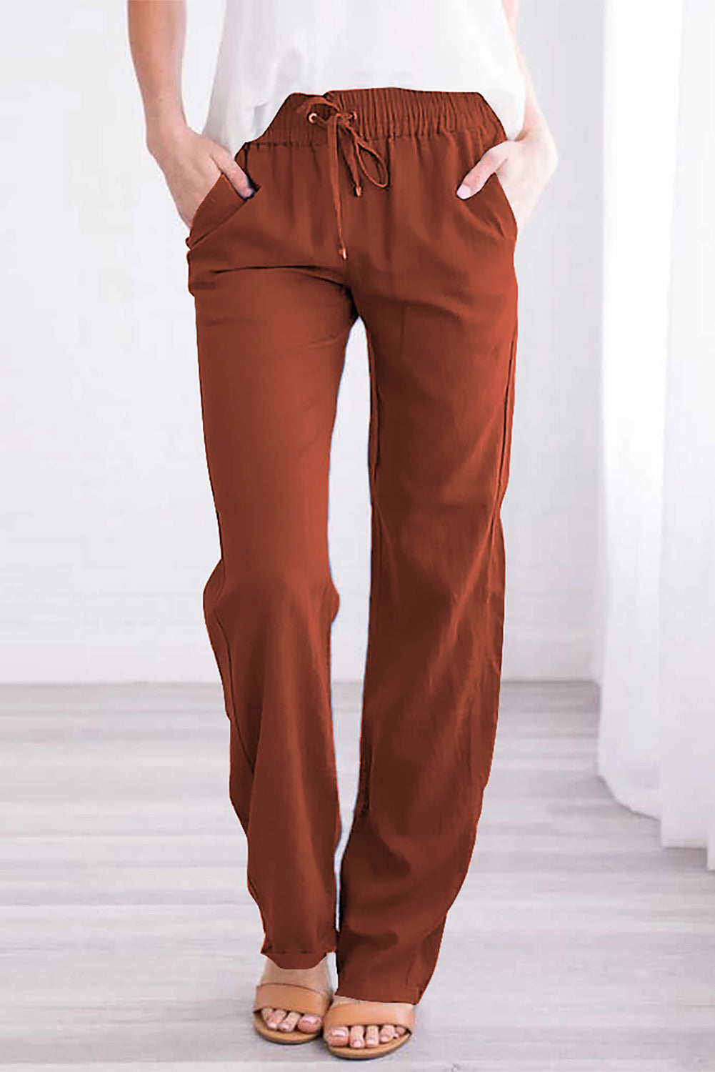 Pink Drawstring Elastic Waist Pockets Long Straight Legs Pants