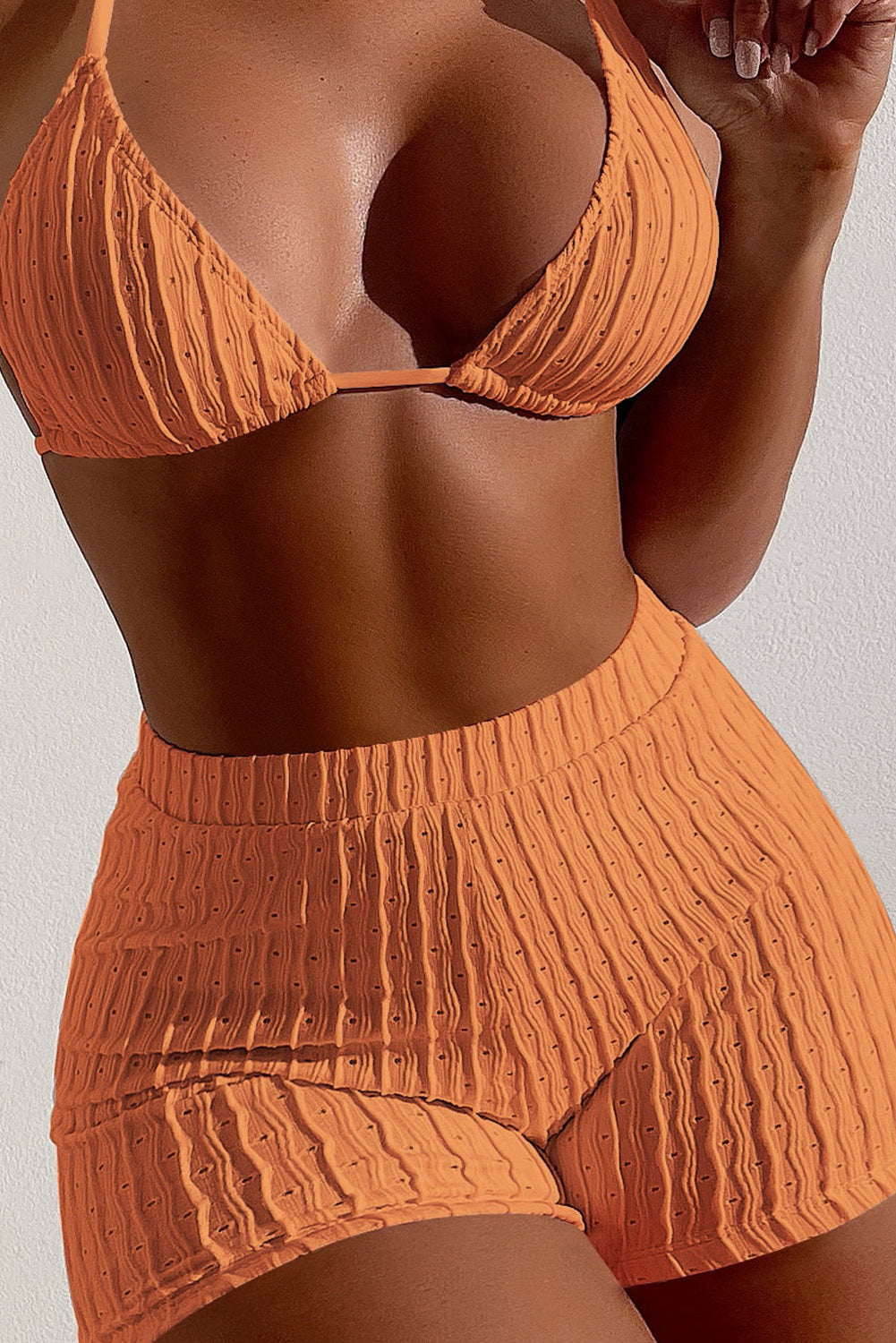 Textured Eyelets Halter Neck Backless Bikini Set