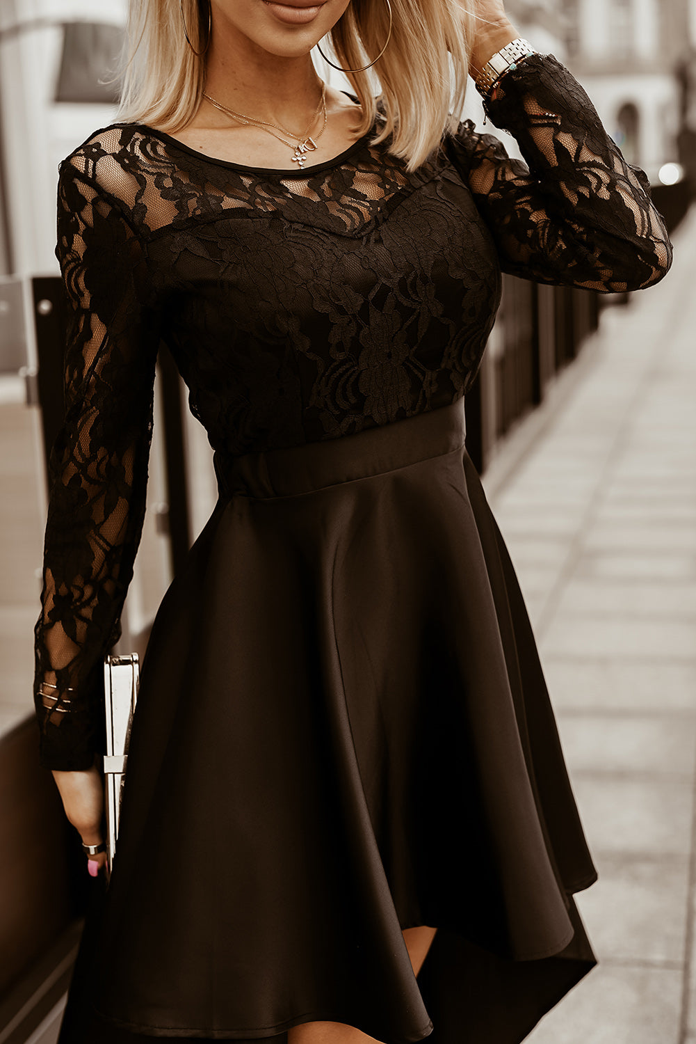 Black Long Sleeve Lace High Low Satin Dress