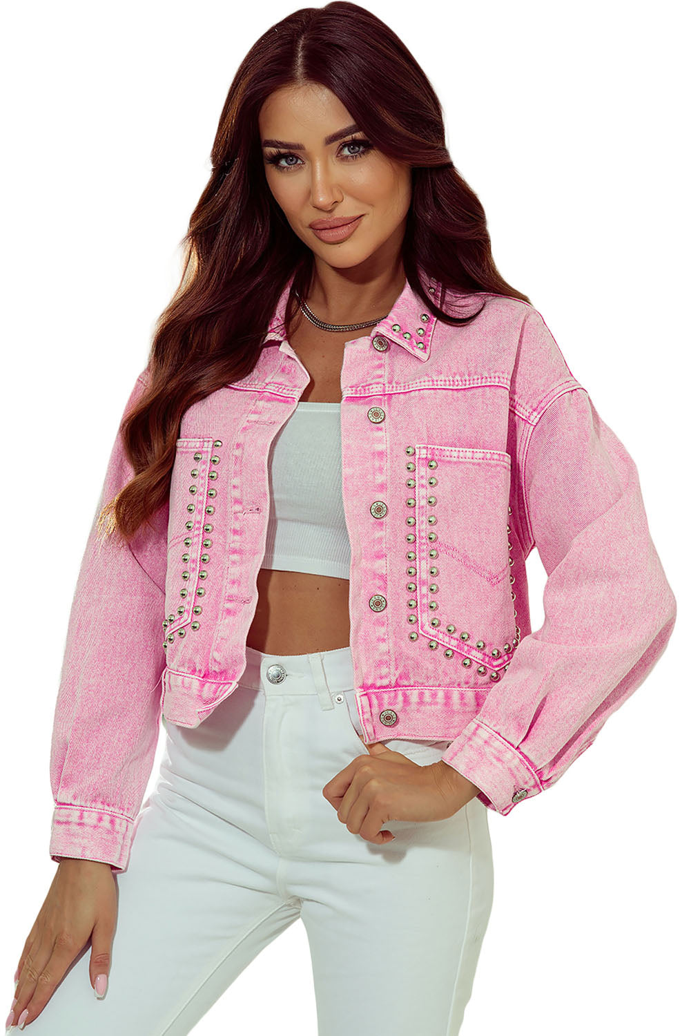 Light French Beige Rivet Studded Pocketed Denim Jacket