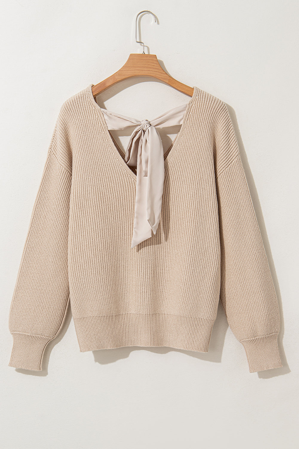 Apricot Lantern Sleeve V Neck Knot Back Sweater