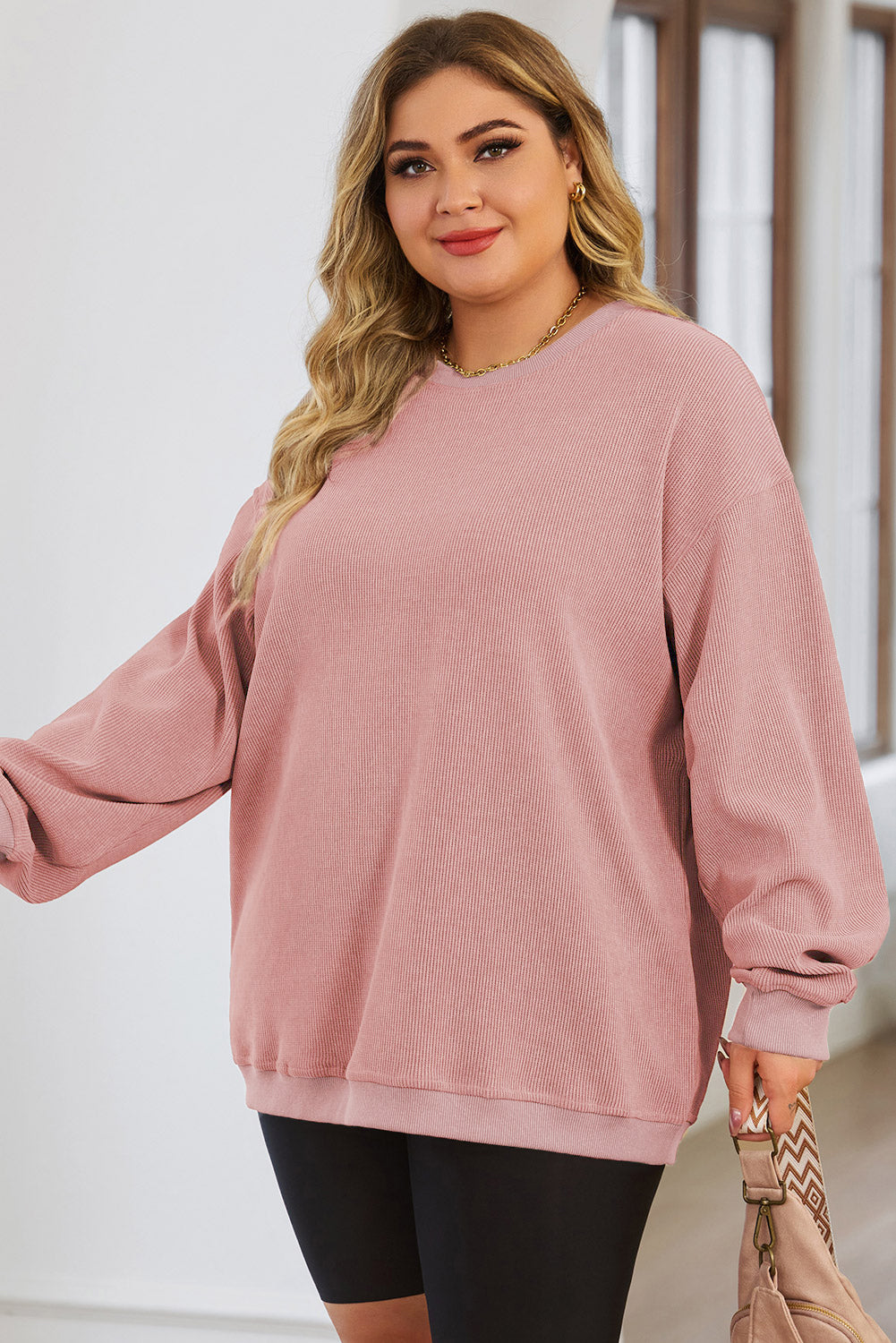 Black Plus Size Corded Round Neck Sweatshirt