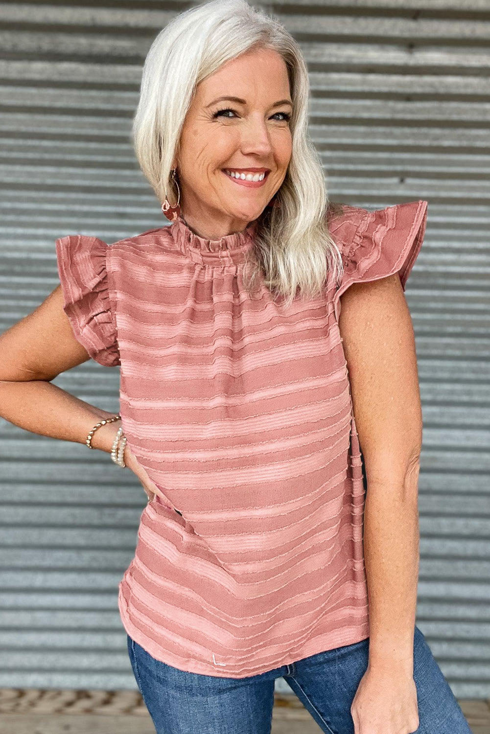 Coral Paradise Stripes Textured Ruffle Sleeve Blouse