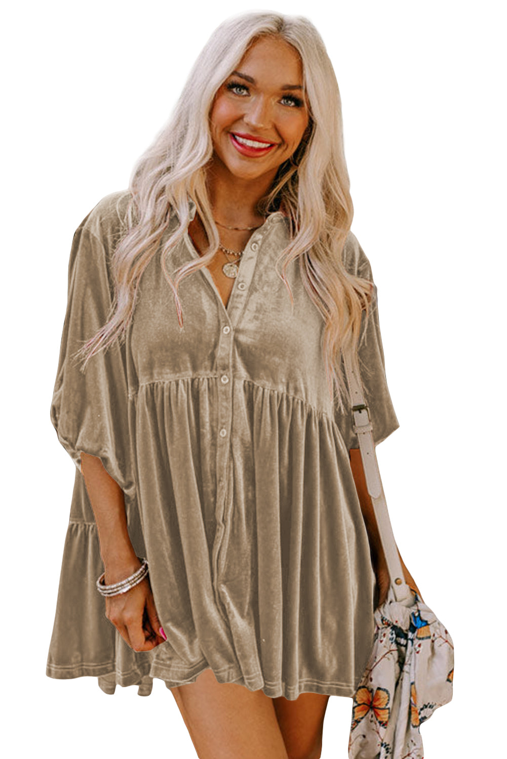Pitaya Pink 3/4 Sleeve Tunic Babydoll Velvet Shirt