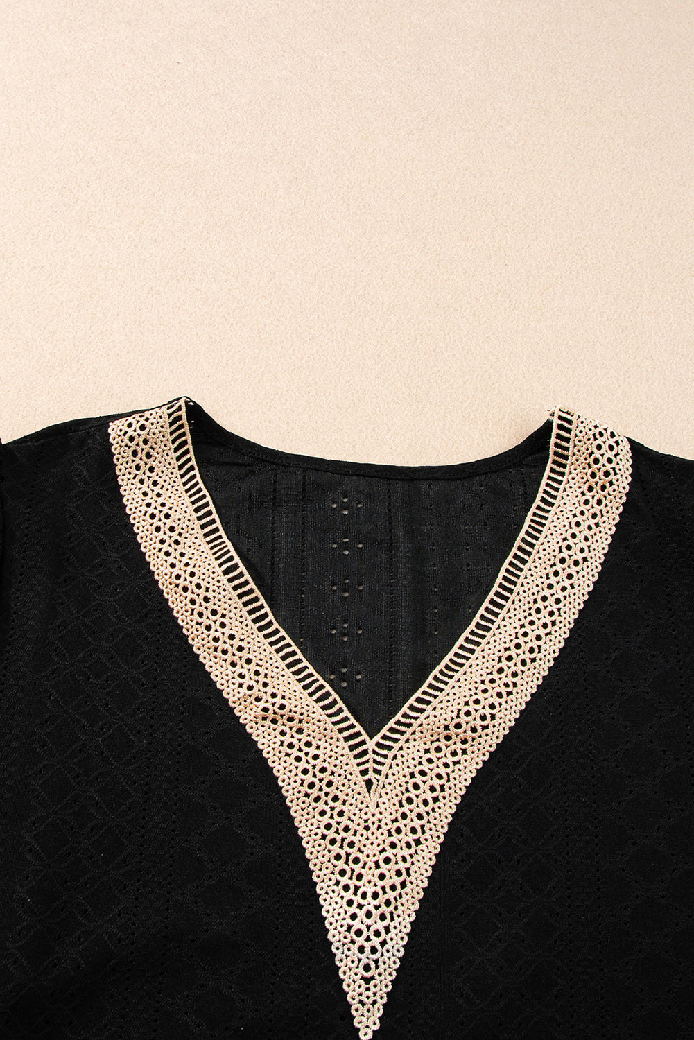 Black Guipure V Neck Plus Size Eyelet Embroidered Top