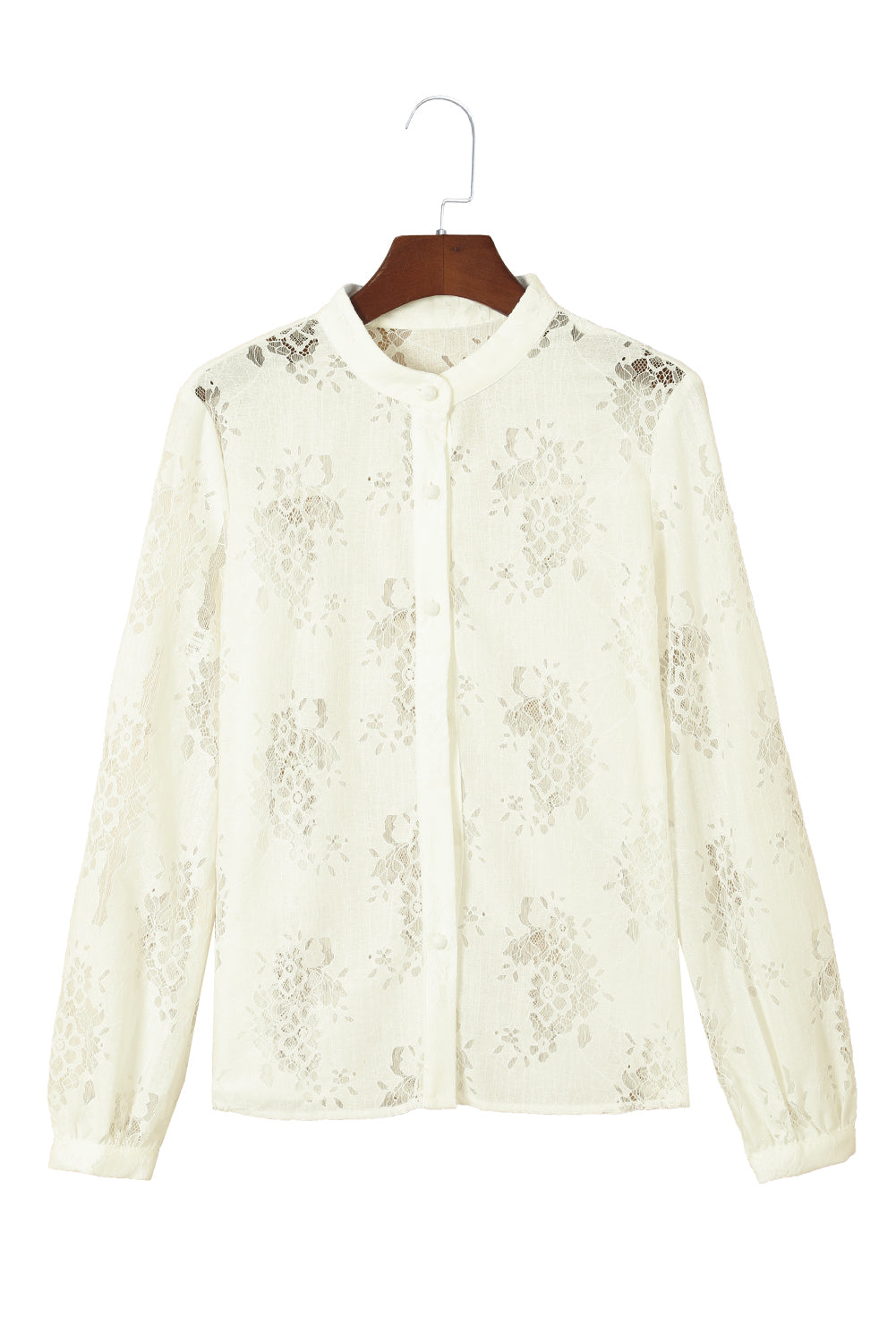 White Floral Lace Stand Neck Textured Shirt