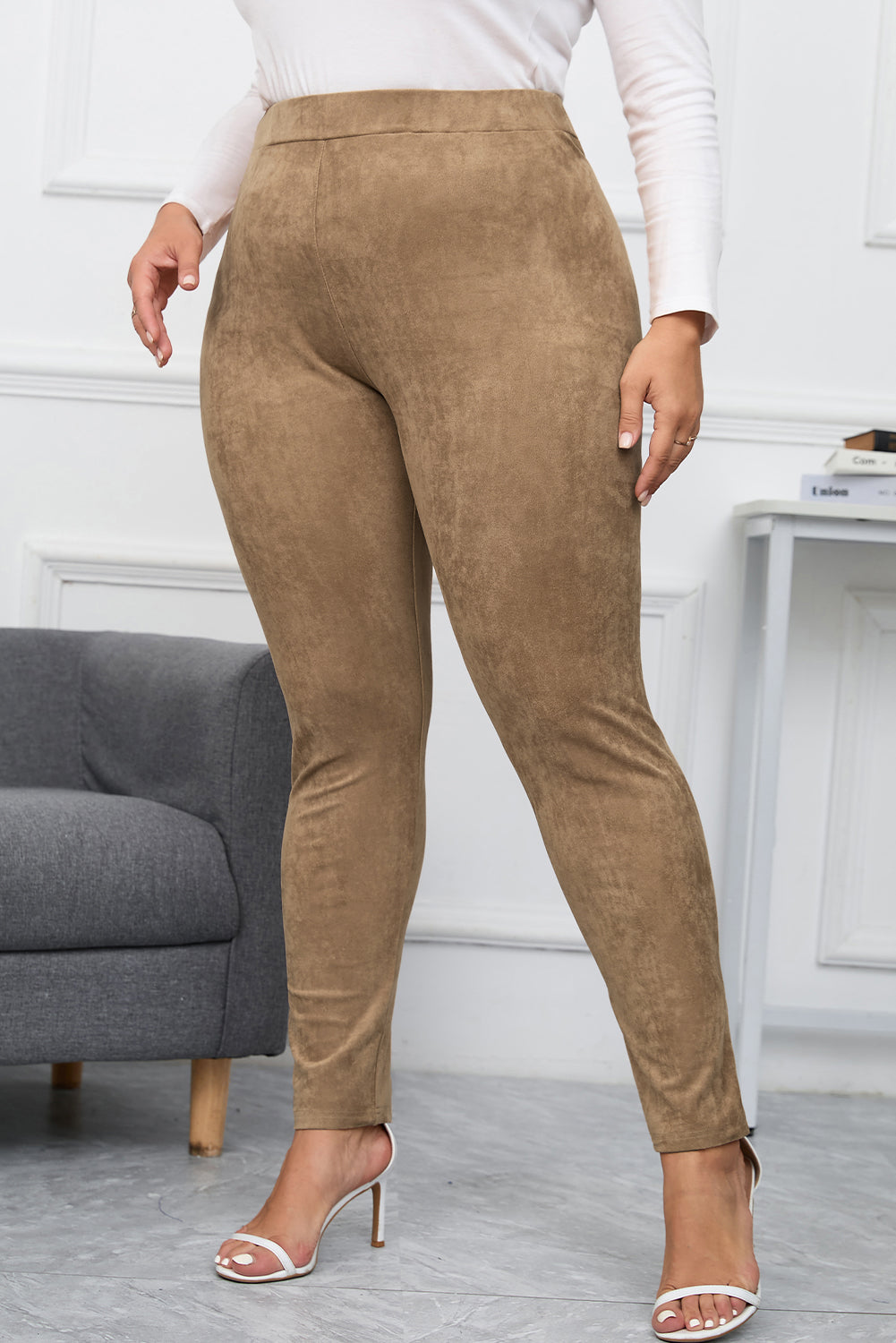 Camel Plus Size High Rise Faux Suede Skinny Pants