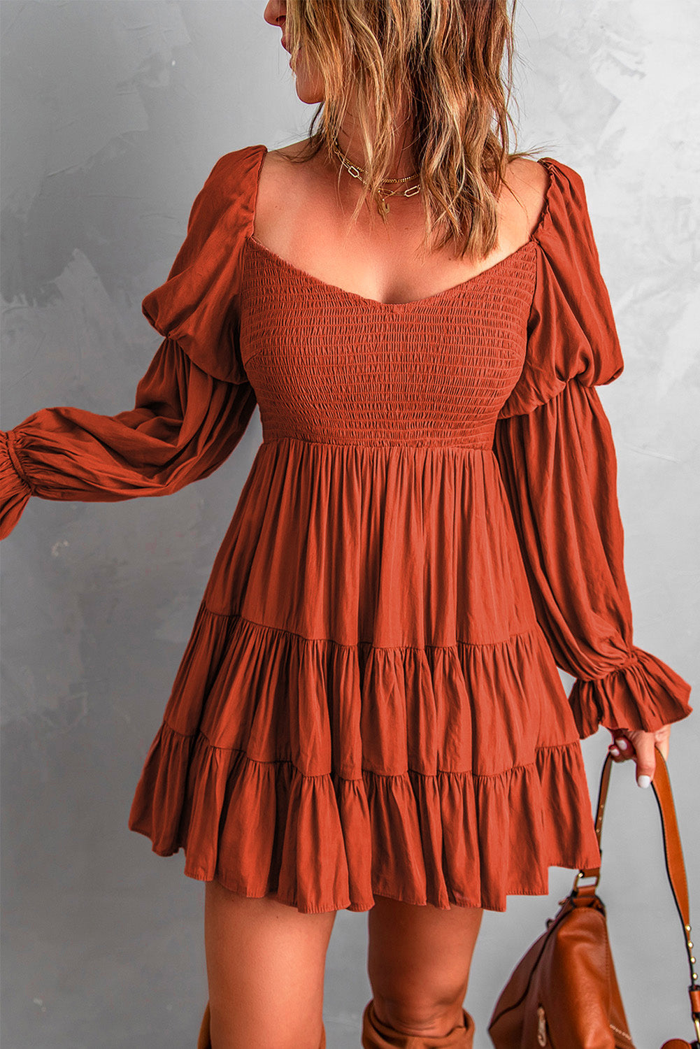 Brown Boho Solid Shirred Ruffle Mini Dress