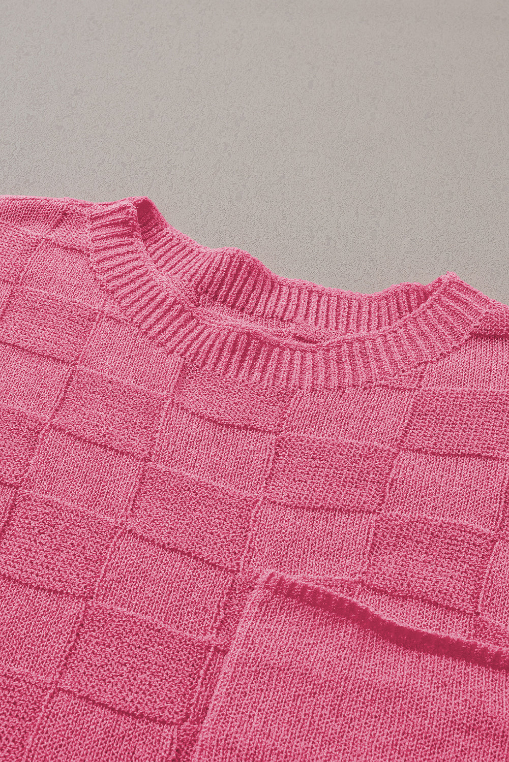 Bright Pink Lattice Textured Knit Short Sleeve Sweater