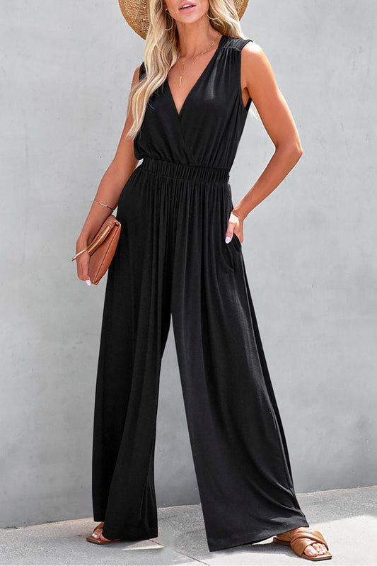 Black Deep V Pleated Crisscross Wide Leg Backless Jumpsuit