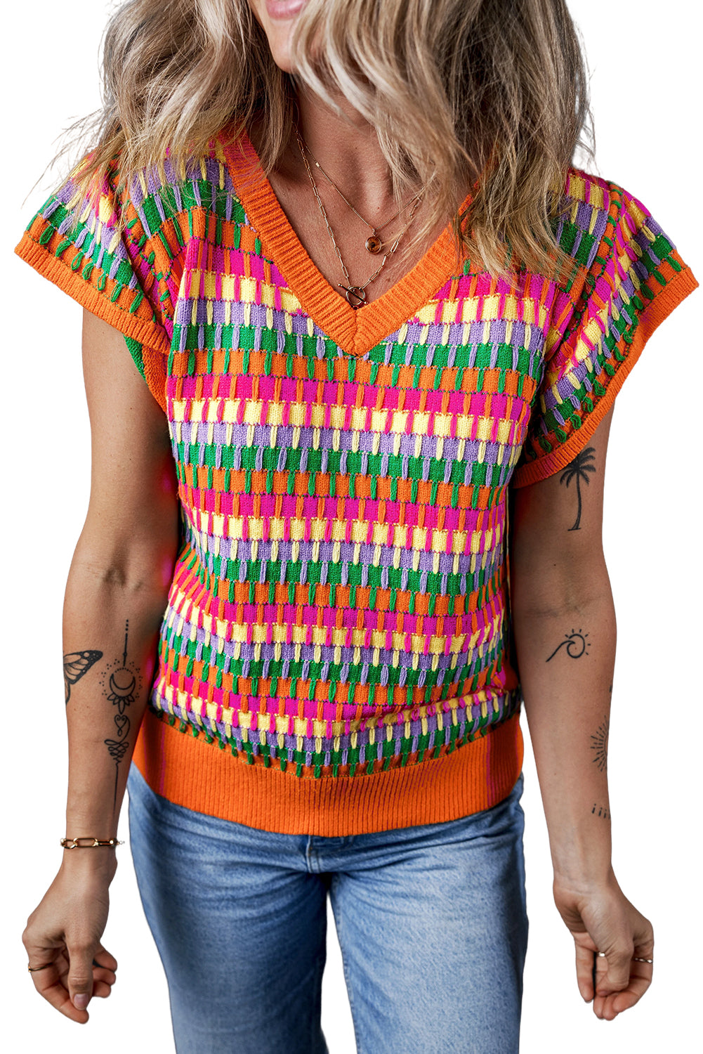 Green Multicolor Flutter Sleeve Knitted Sweater Top