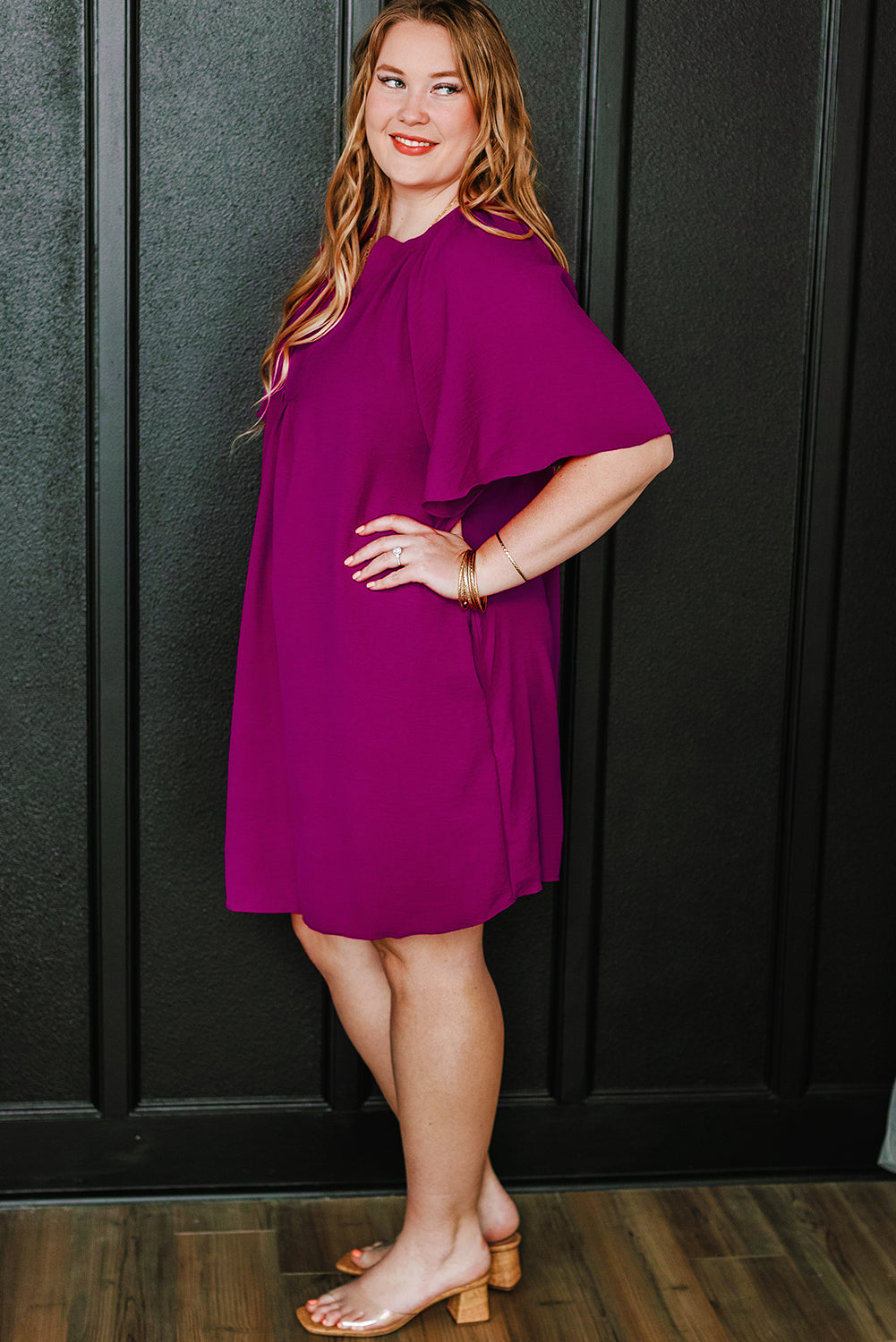 Rose Red Notched Neck Wide Sleeve Pleated Plus Size Dress