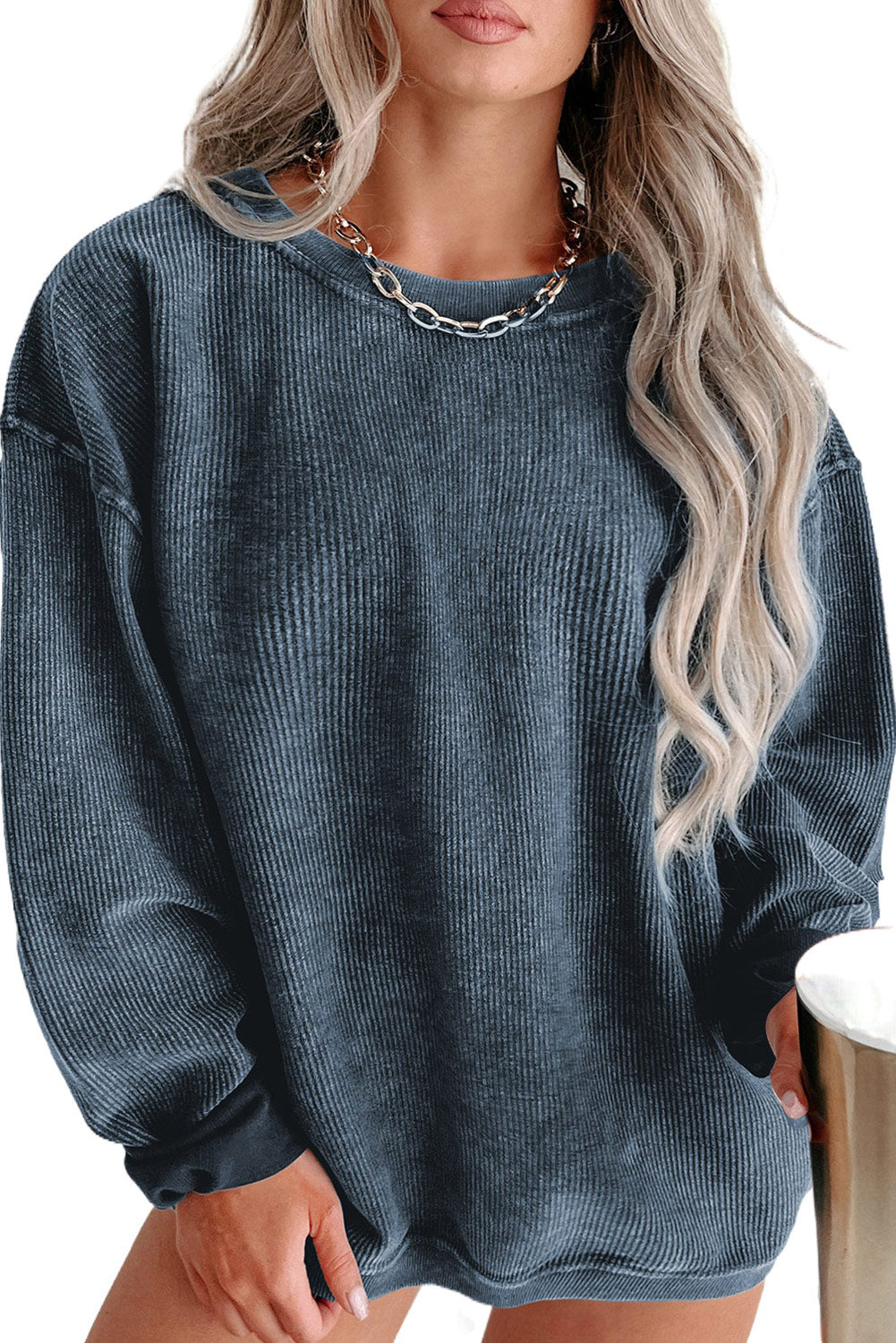 Black Plus Size Corded Round Neck Sweatshirt