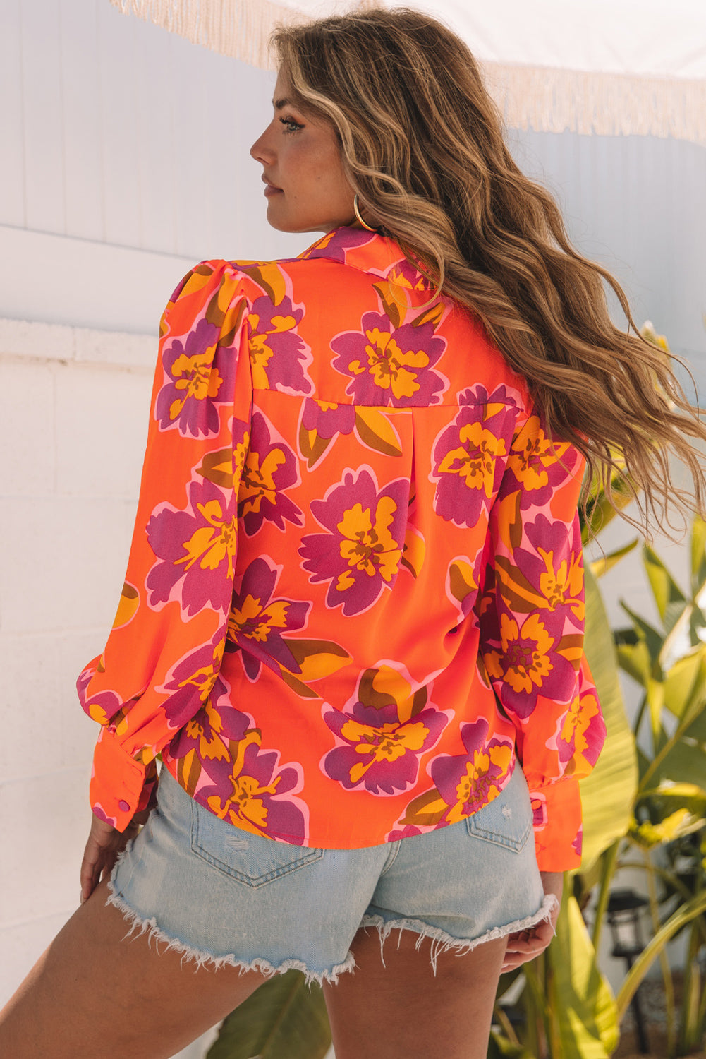 Fiery Red Floral Print Lantern Sleeve Shirt
