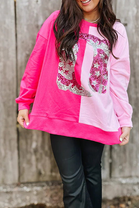 Pink Color Block Sequined Cowgirl Boots Graphic Sweatshirt
