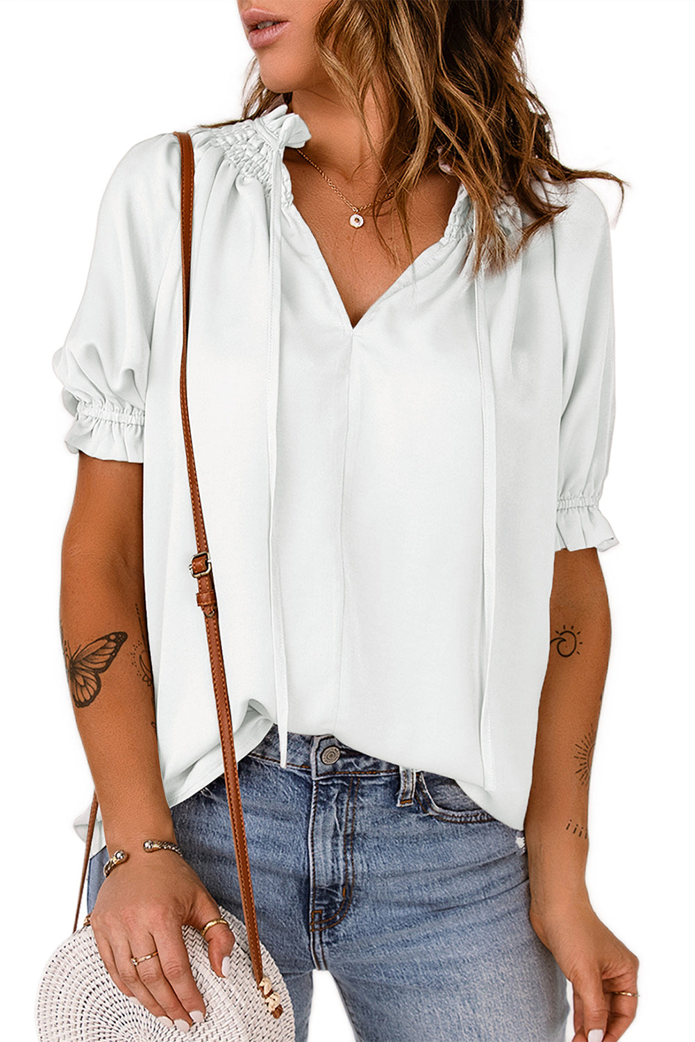 White Split Frill Neck Puff Sleeve Blouse