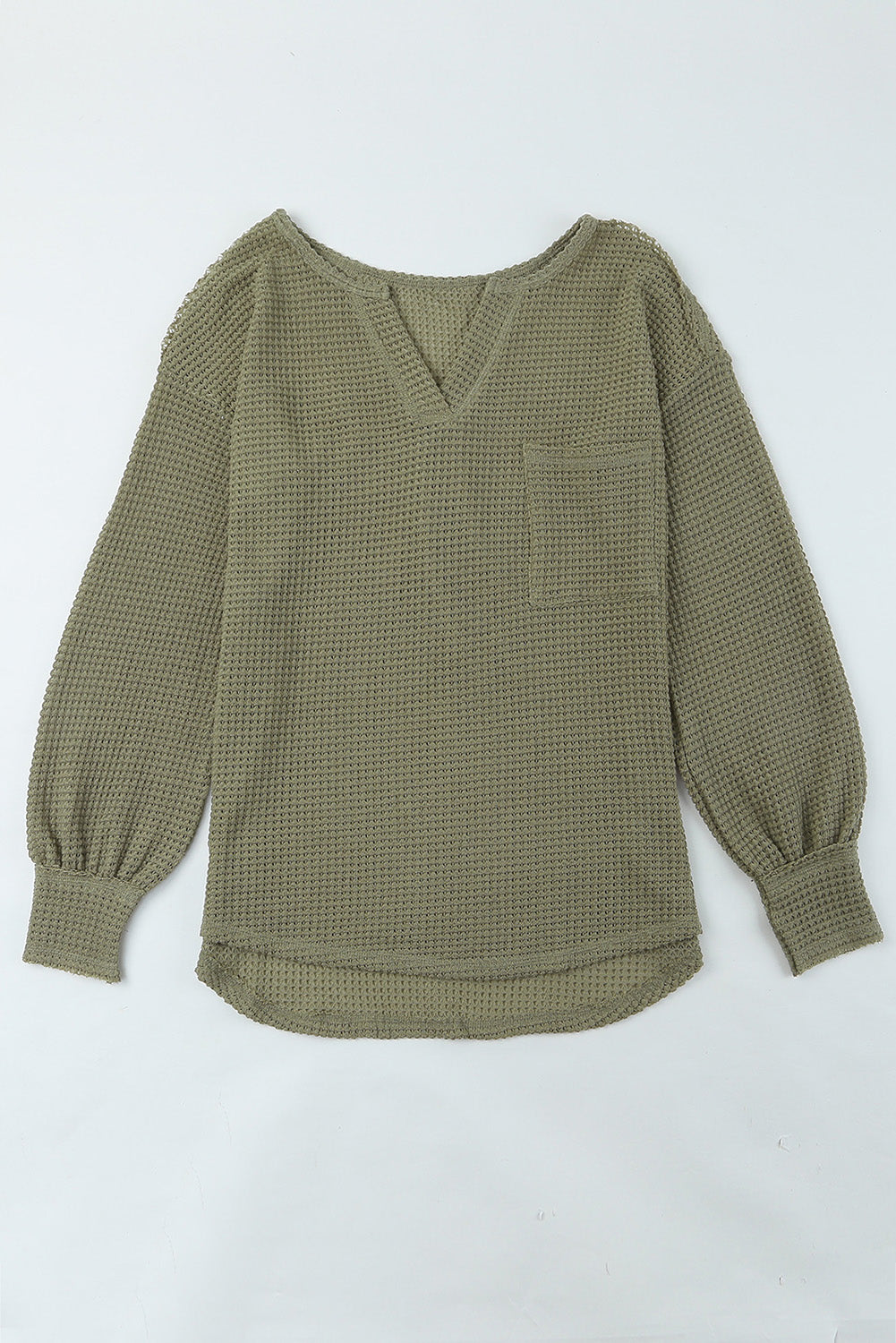 Beige Waffle Knit Split Neck Pocketed Loose Top