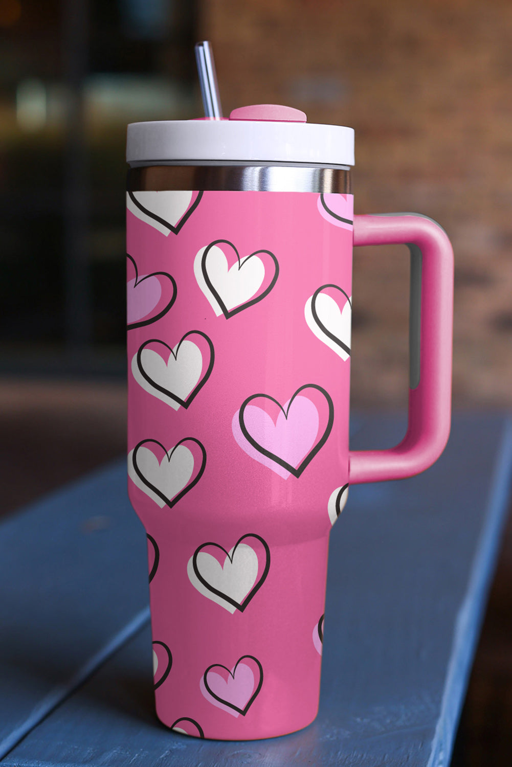 Rose Red Heart Printed Thermos Cup with Handle 40oz