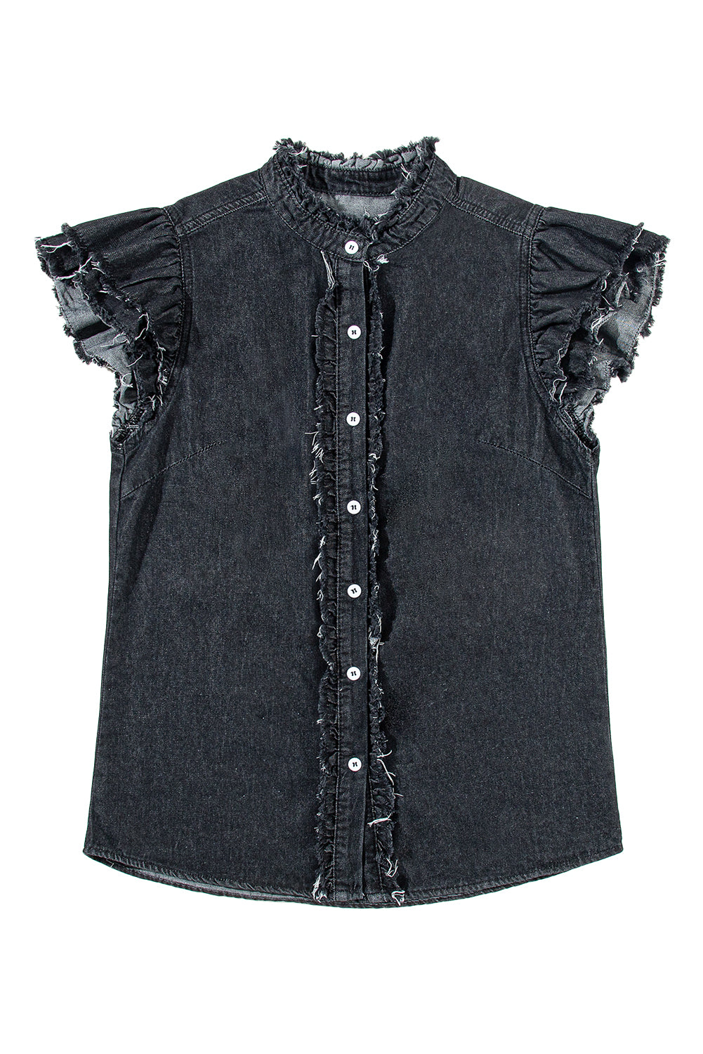 Ashleigh Blue Button Front Ruffled Flutter Frayed Denim Top