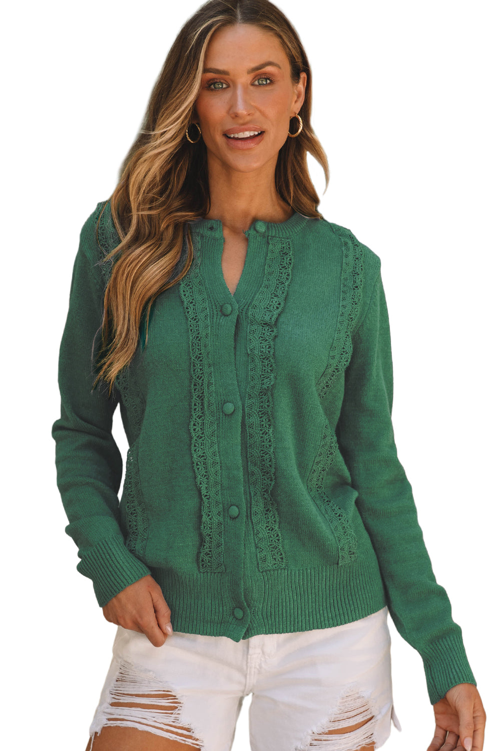 Green Lace Trim Ribbed Round Neck Button Up Cardigan