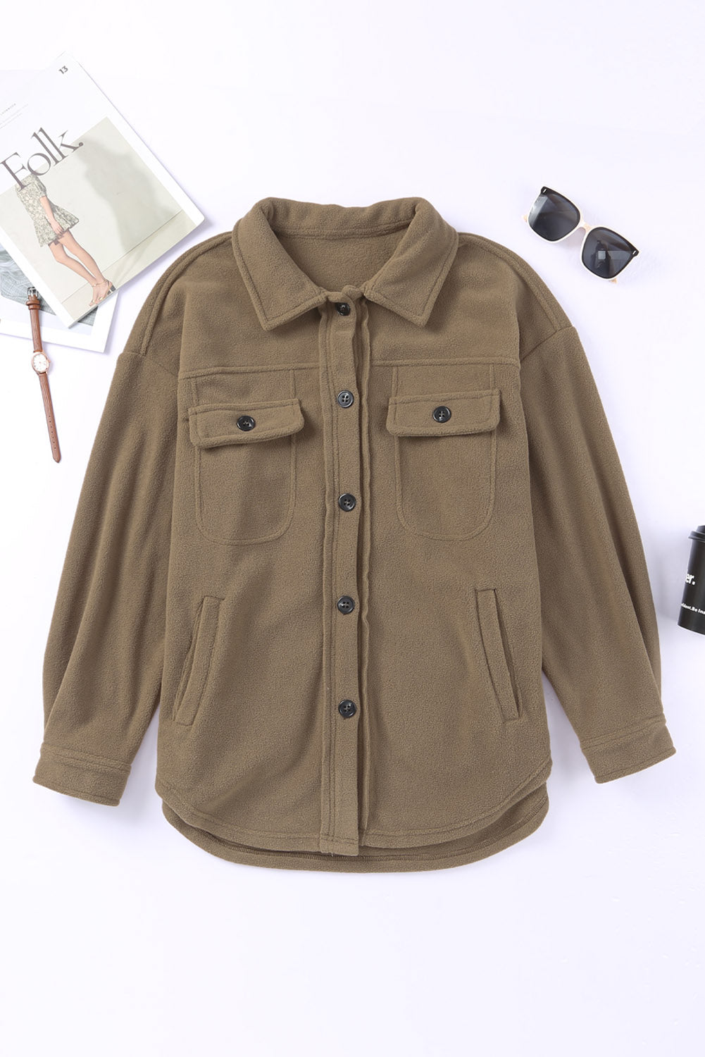 Beige Turn Down Collar Buttoned Shirt Jacket