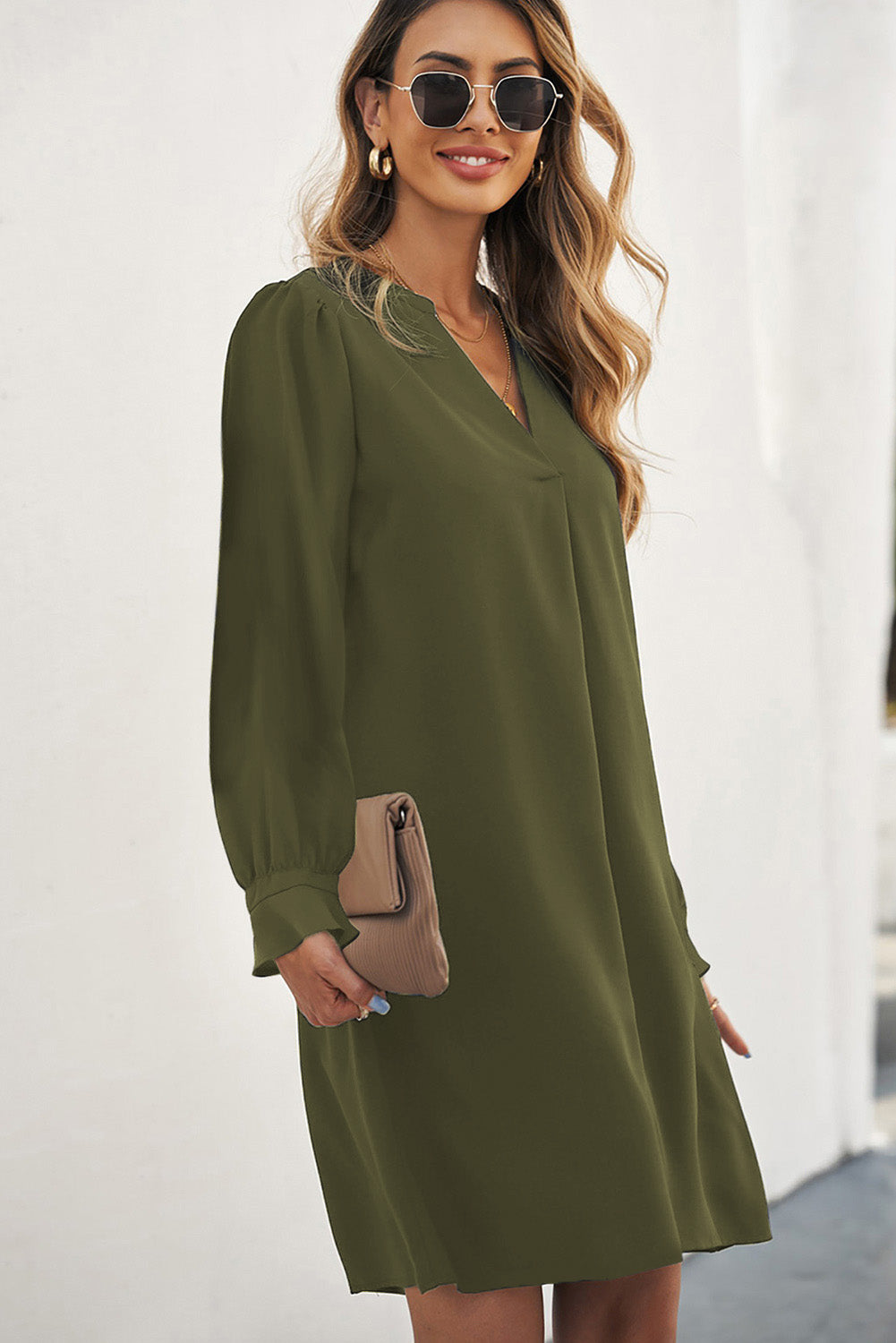 Green Split V Neck Ruffled Sleeves Shirt Dress