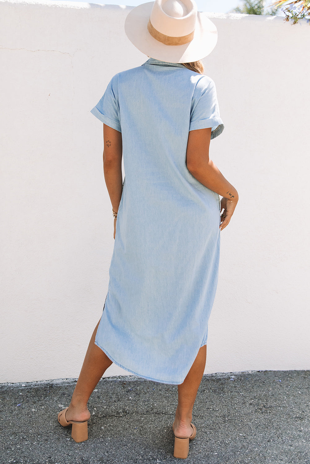 Sky Blue Chambray Shirt Short Sleeves Midi Dress