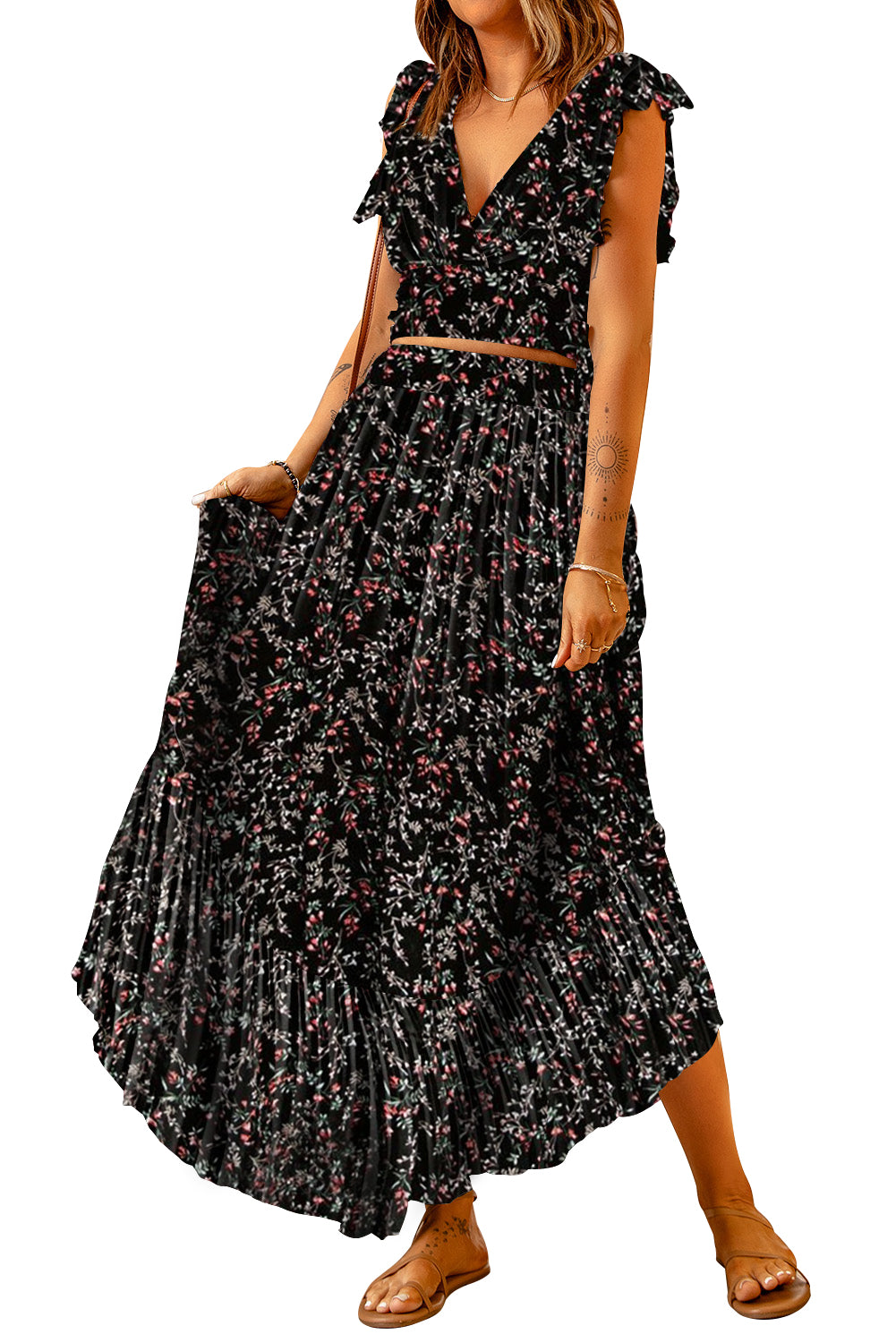 Fiery Red Multicolor Floral Ruffled Crop Top and Maxi Skirt Set