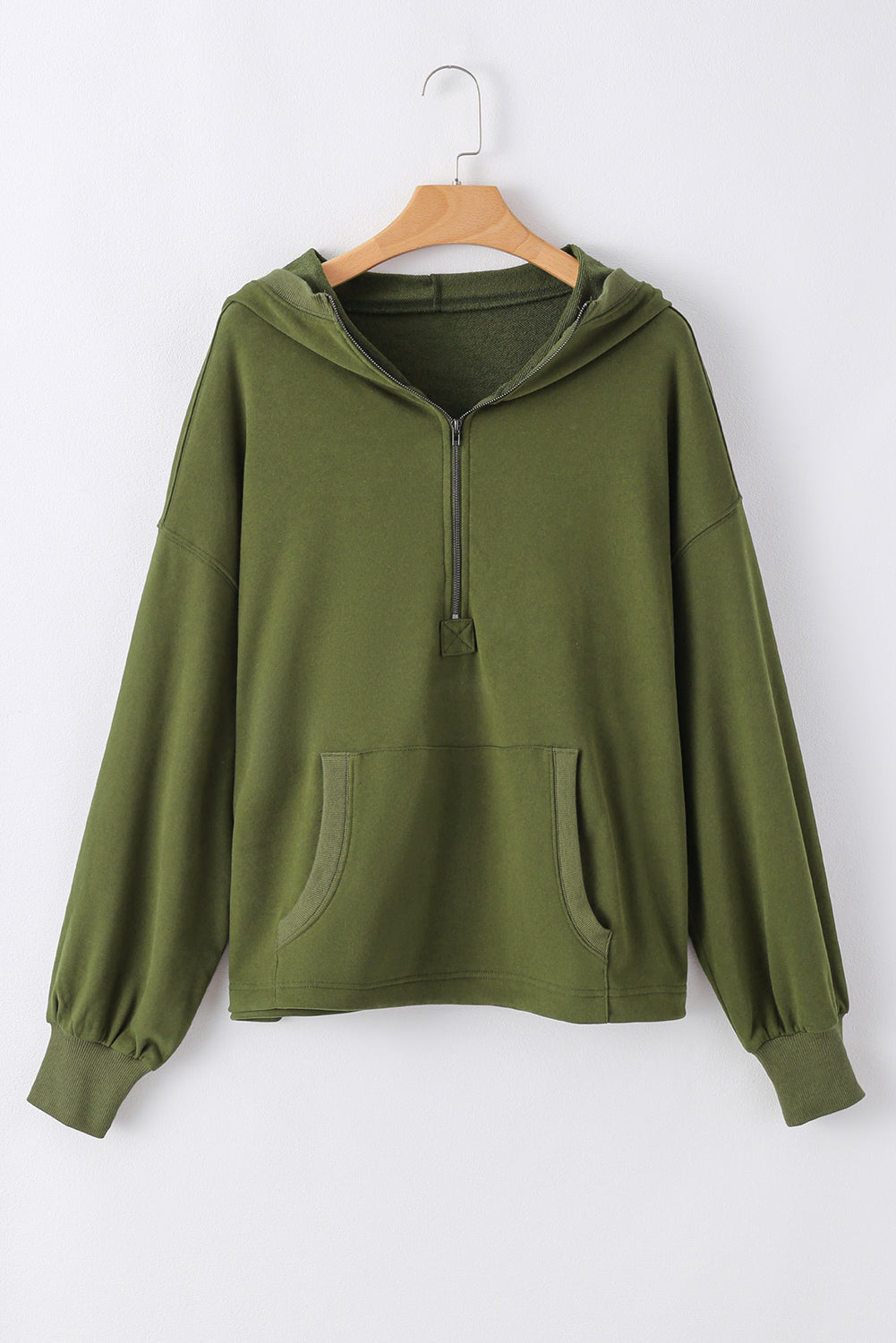 Smoke Green Solid Kangaroo Pocket Half Zipper Oversized Hoodie