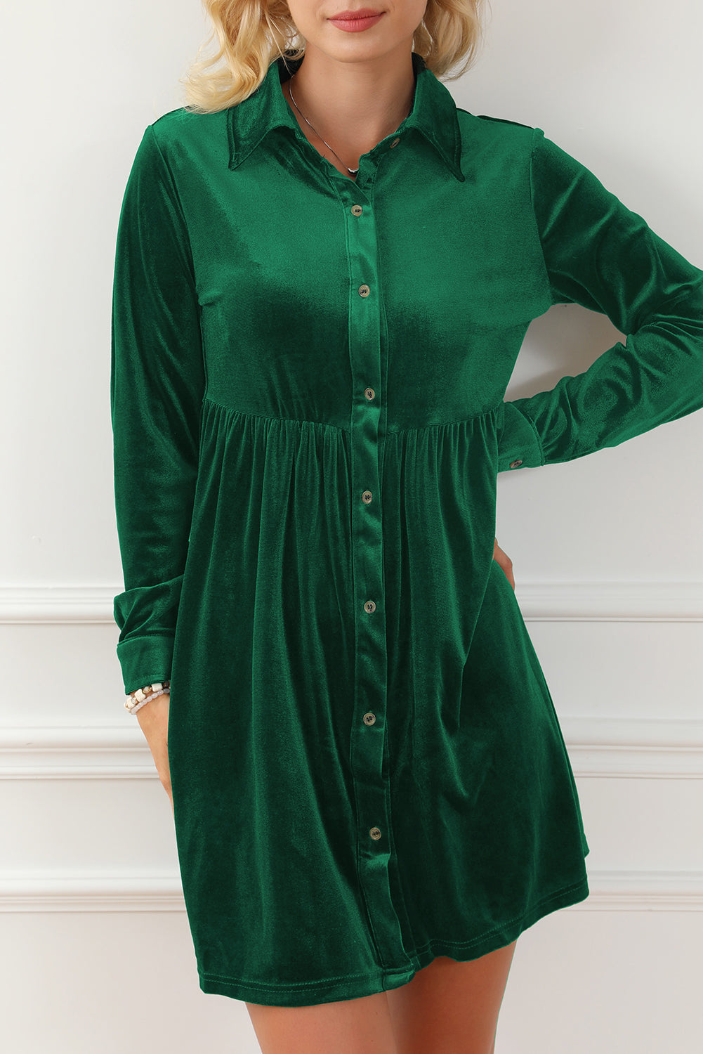 Black Long Sleeve Ruffle Velvet Button Up Dress